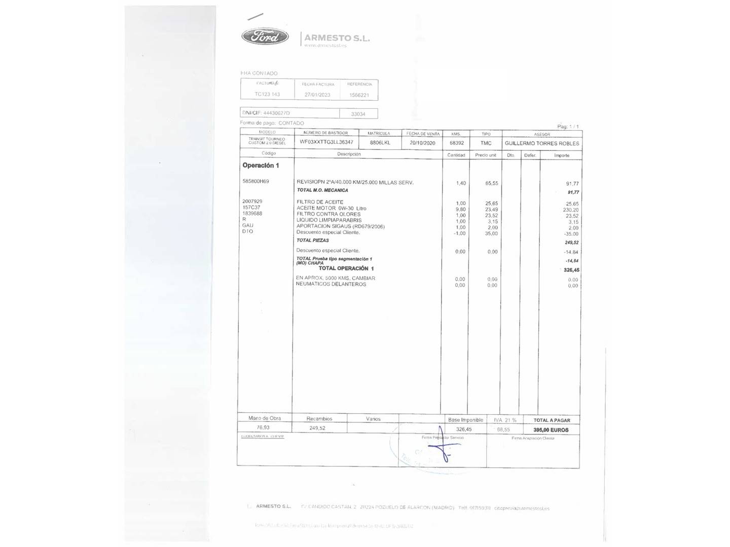Foto del mantenimiento del Ford Tourneo Custom Ford Tourneo Custom 2.0 Ecoblue Hybrid L1 Titanium (130 CV) 9 Plazas