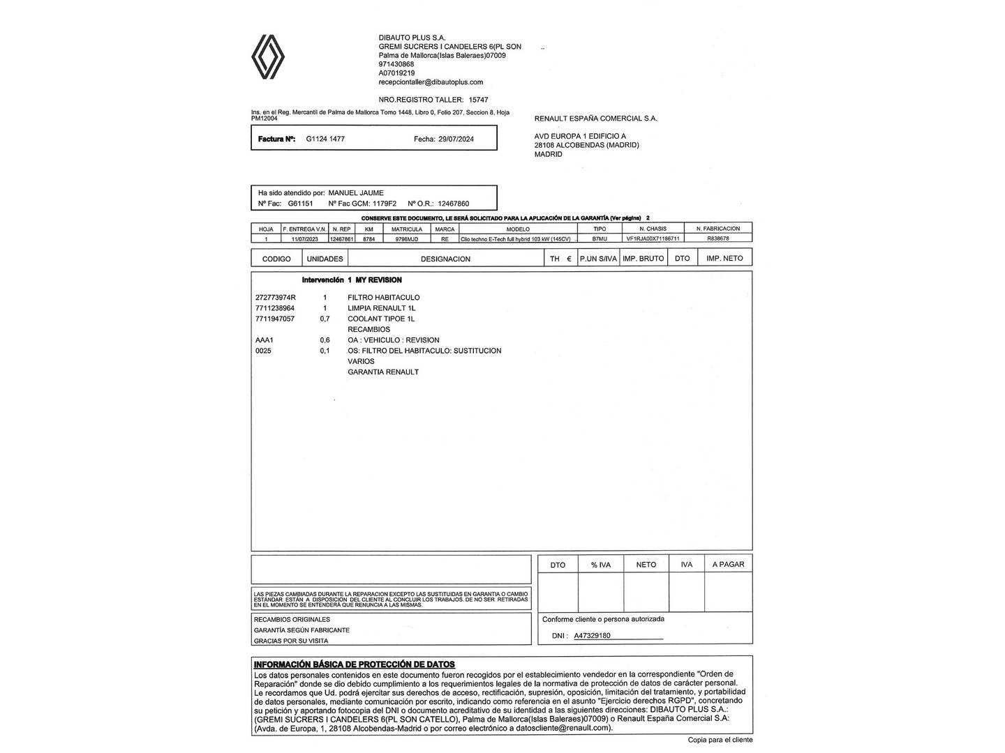 Foto del mantenimiento del Renault Clio Renault Clio Techno E-Tech Híbrido (140 CV)