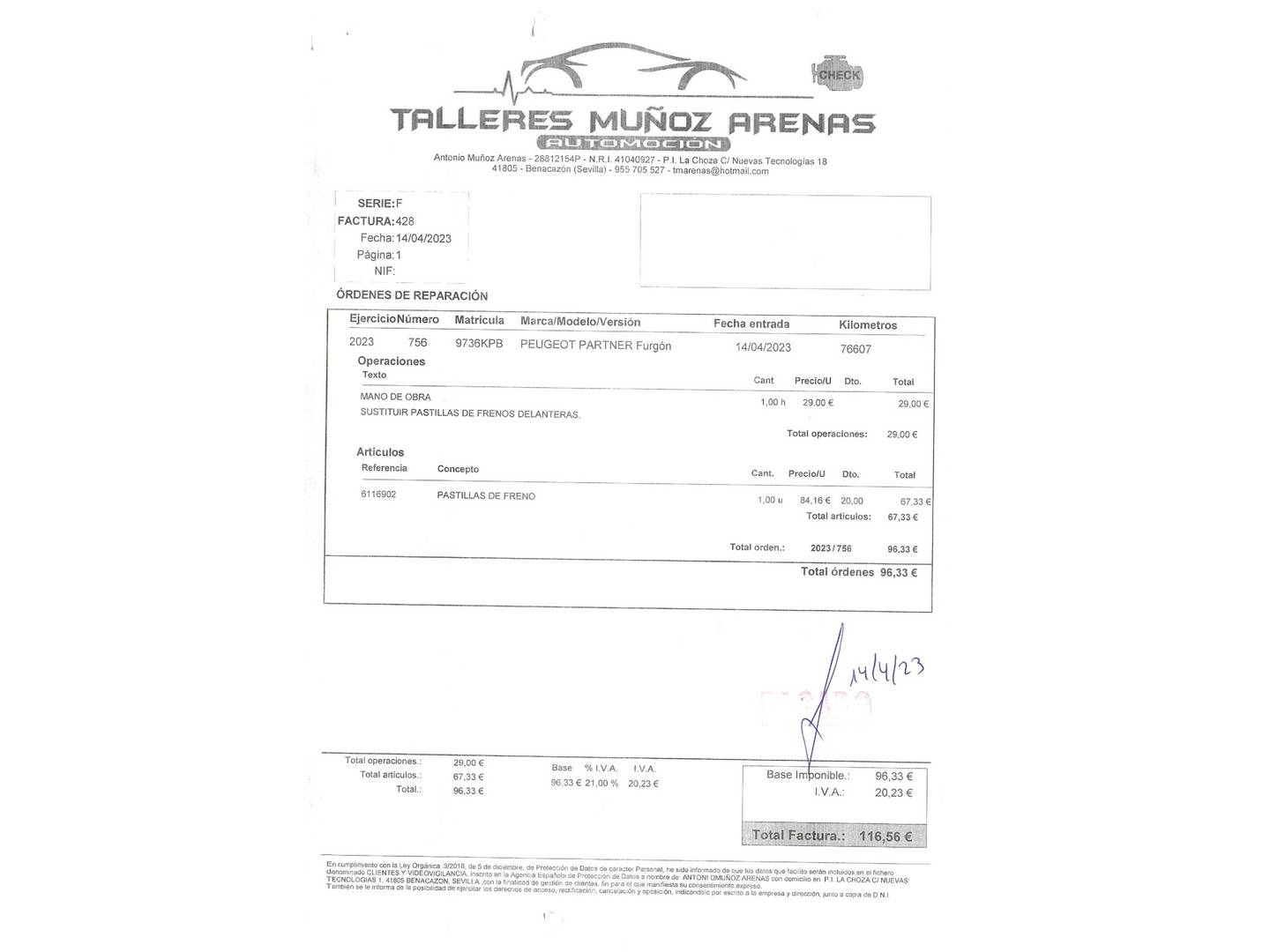 Foto del mantenimiento del Peugeot Partner Peugeot Partner Tepee Tepee BlueHDi 100 Active (100 CV)