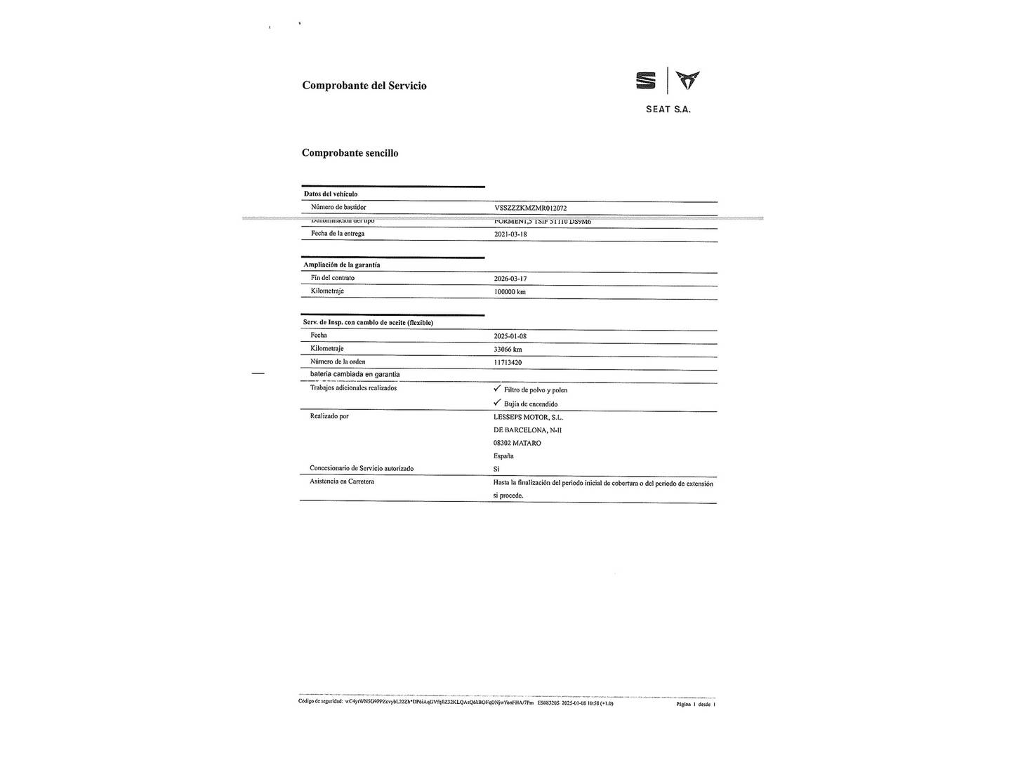 Foto del mantenimiento del Cupra Formentor Cupra Formentor 1.5 TSI (150 CV)