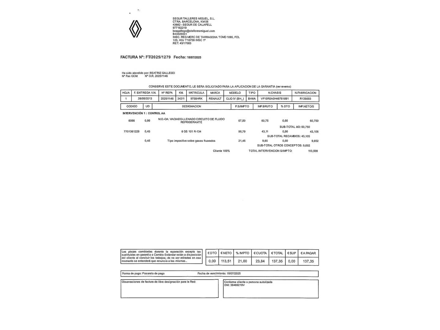 Foto del mantenimiento del Renault Clio Renault Clio Expression Energy S&S TCe (90 CV)