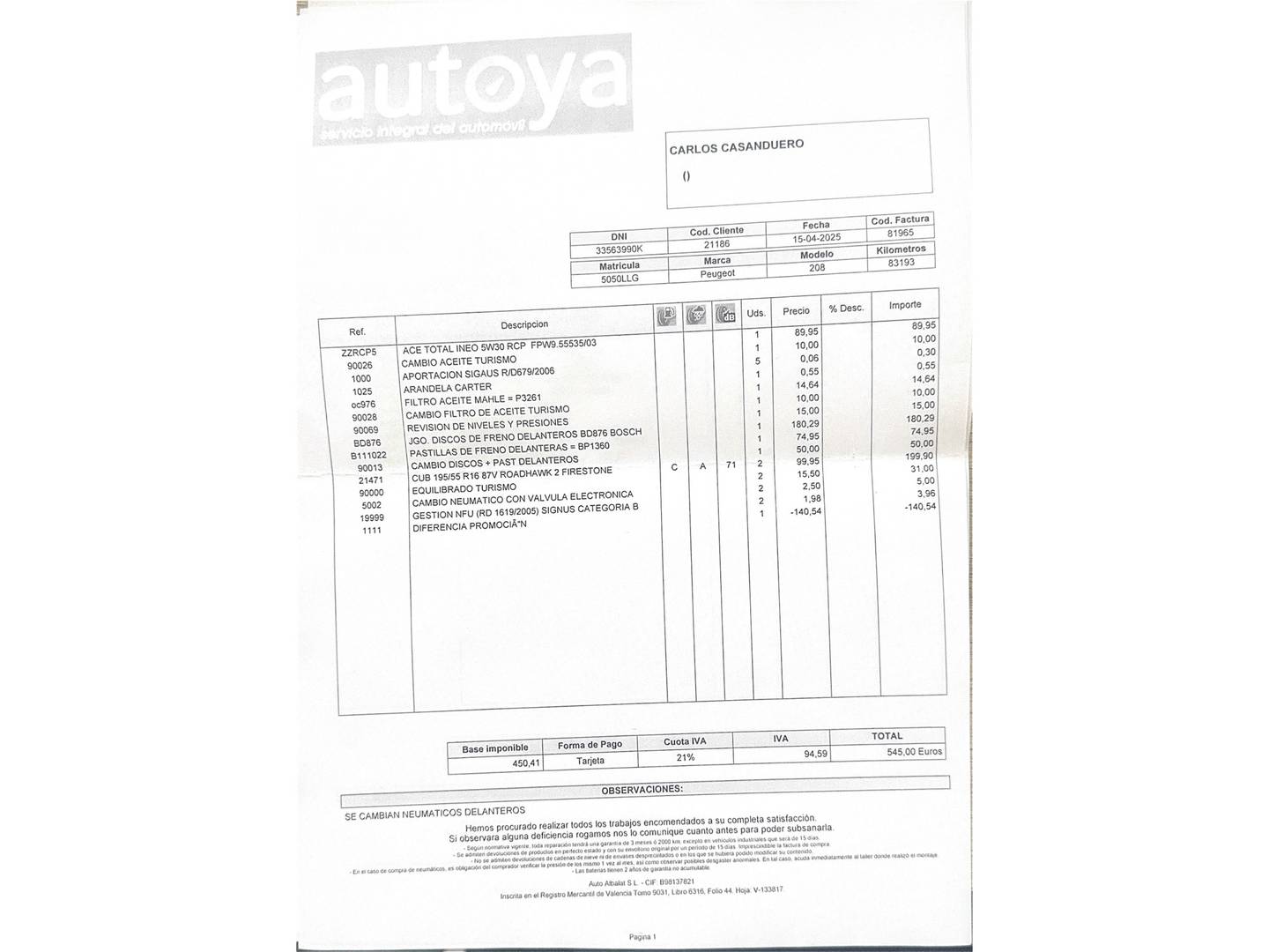 Foto del mantenimiento del Peugeot 208 Peugeot 208 PureTech 100 Active (100 CV)