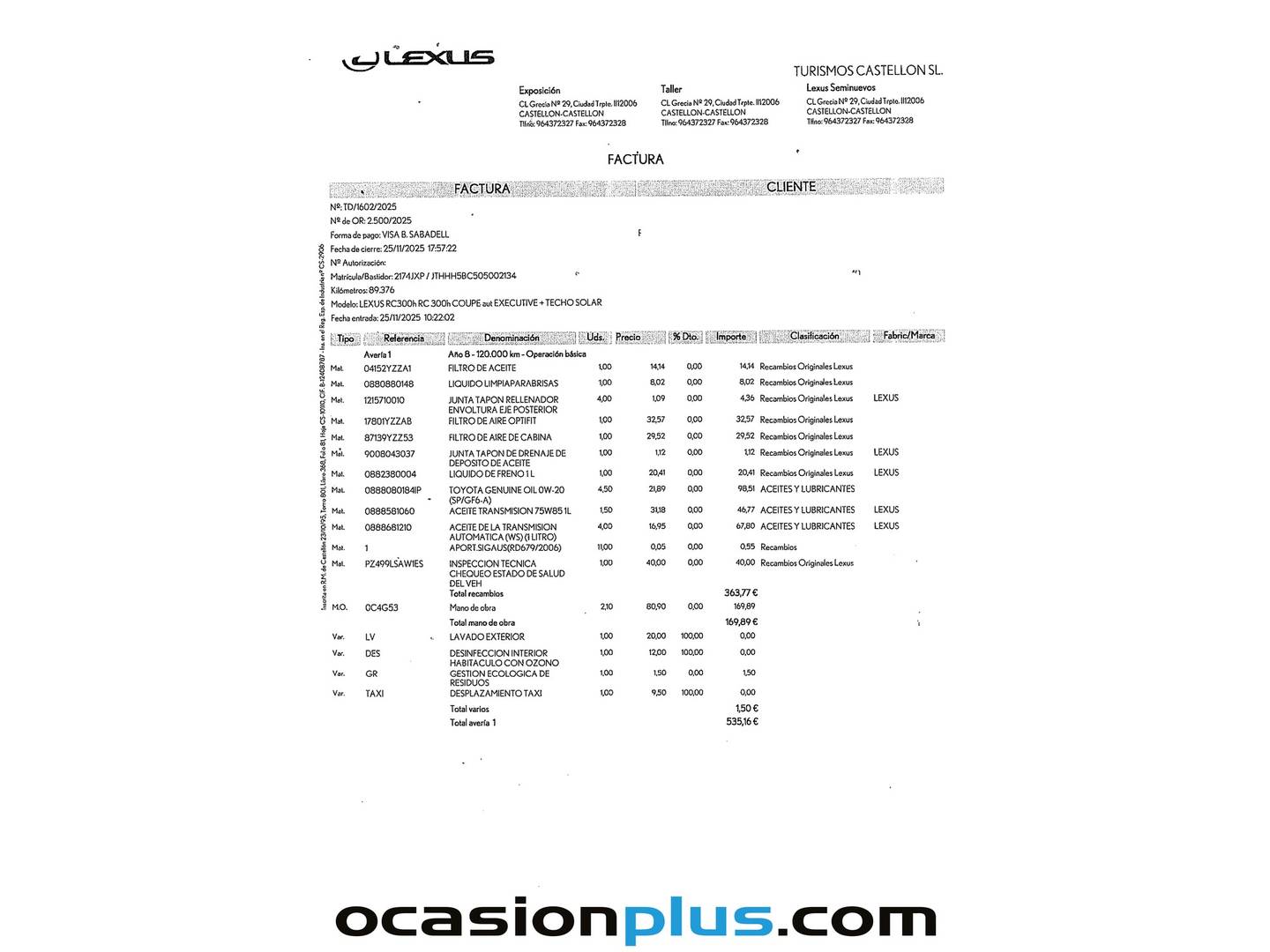 Foto del mantenimiento del Lexus RC Lexus RC 300h Executive (223 CV)