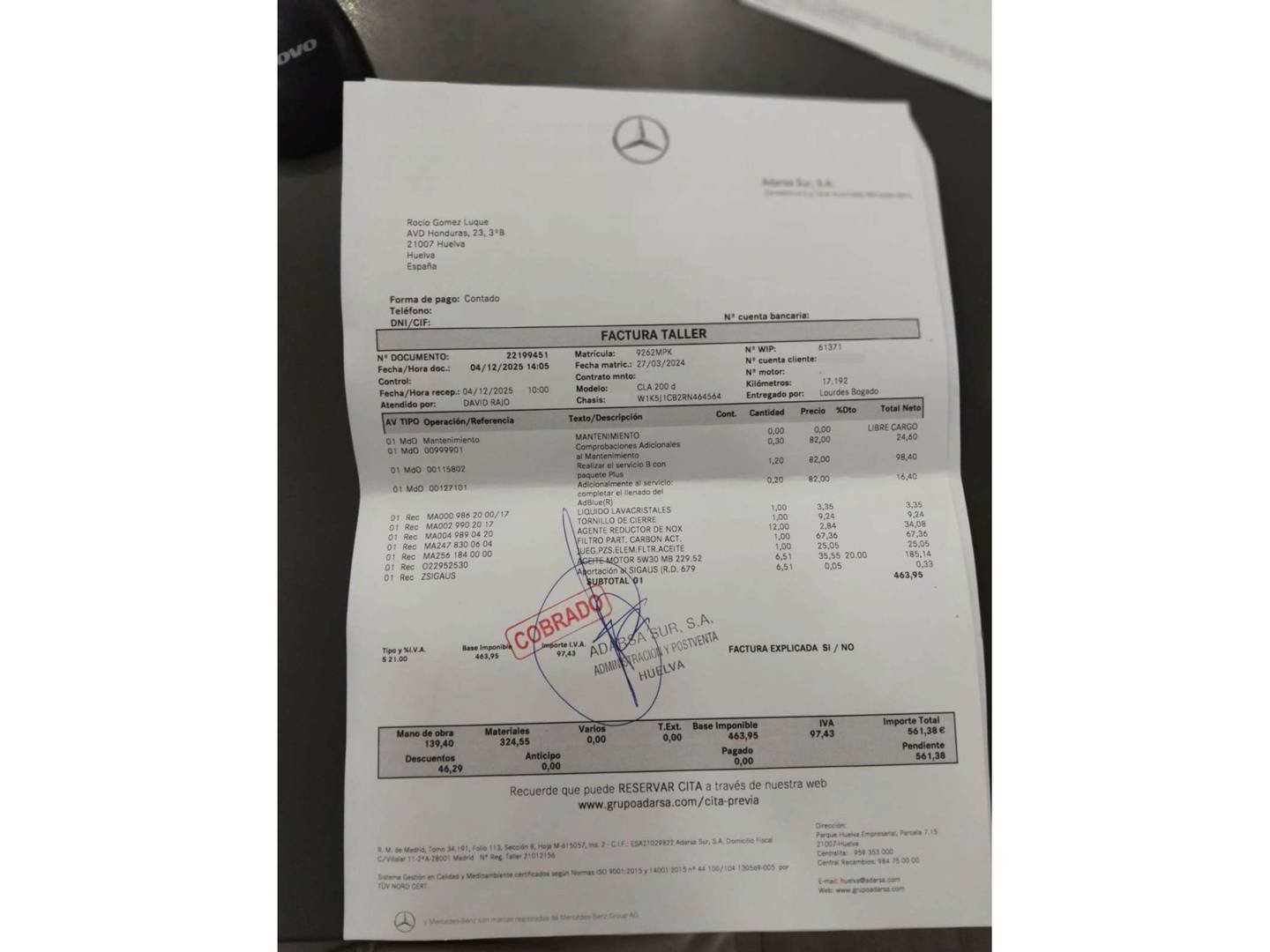 Foto del mantenimiento del Mercedes CLA Mercedes CLA 200 d (150 CV) Pack AMG