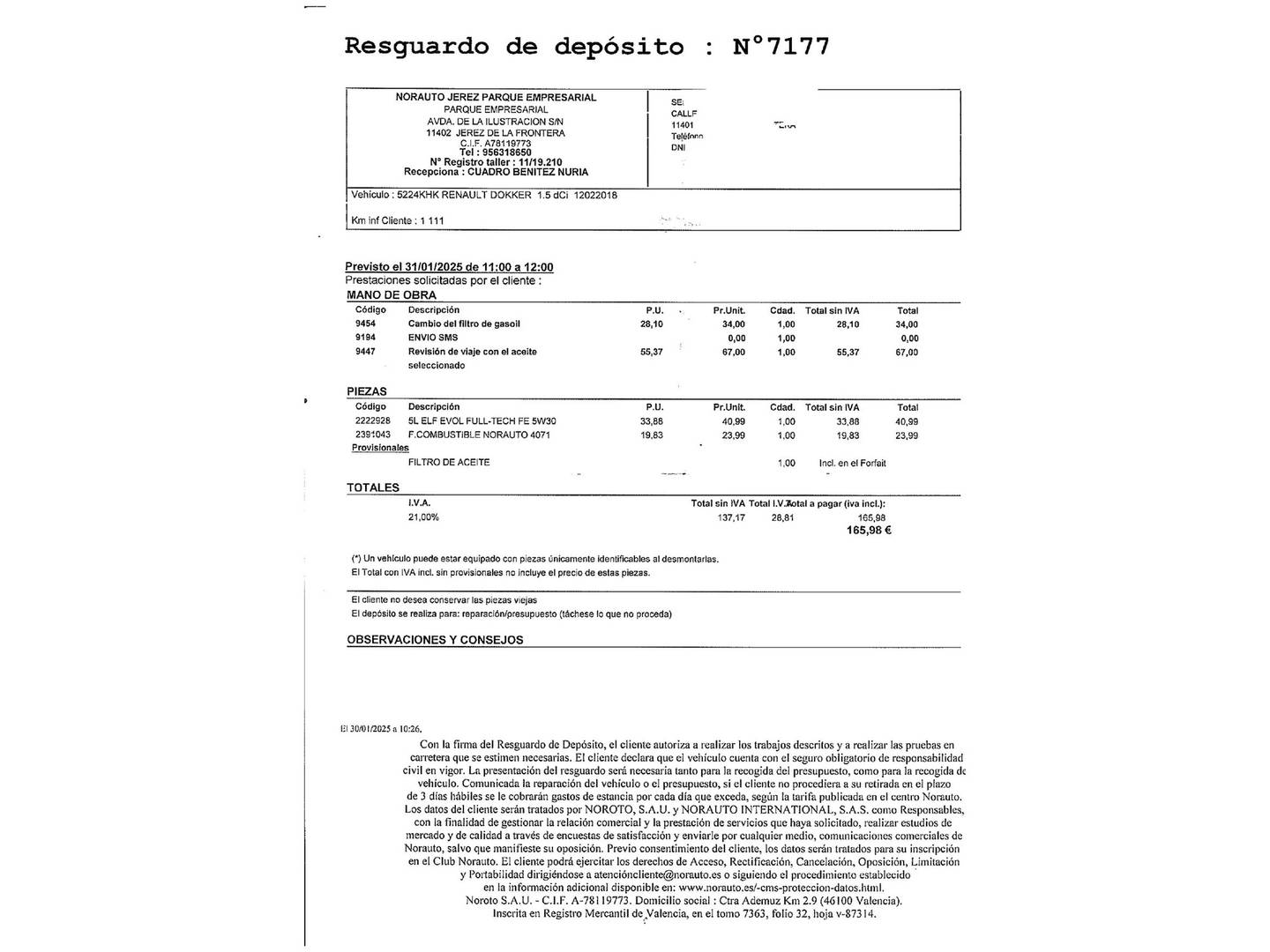 Foto del mantenimiento del Dacia Dokker Dacia Dokker dCi 90 SL Trotamundos (90 CV)