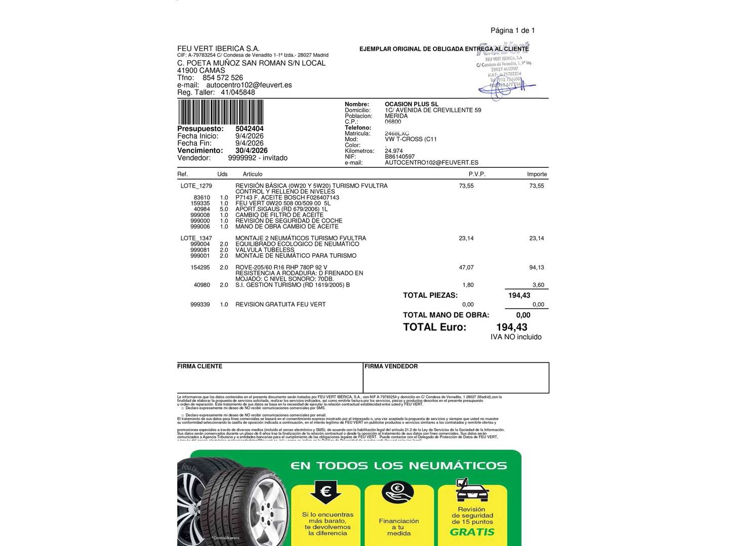 Foto del mantenimiento del Volkswagen T-Cross Volkswagen T-Cross Advance 1.0 TSI (110 CV) DSG