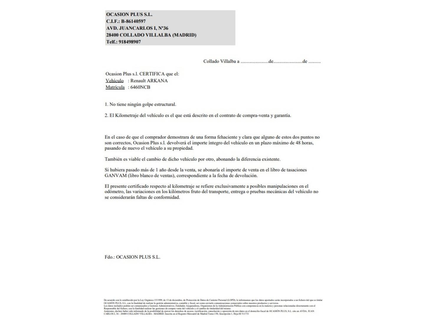 Foto del certificado del Renault Arkana Renault Arkana Esprit Alpine E-TECH Híbrido (145 CV)