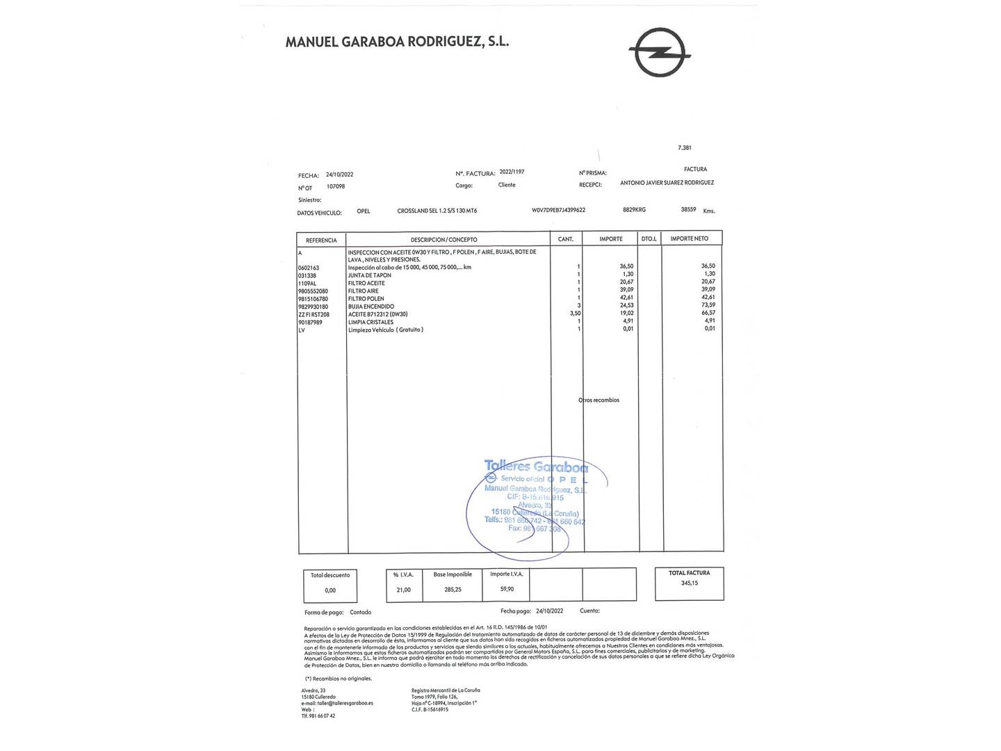 Foto del mantenimiento del Opel Crossland X Opel Grandland X 1.2 Turbo S&S Selective (130 CV)