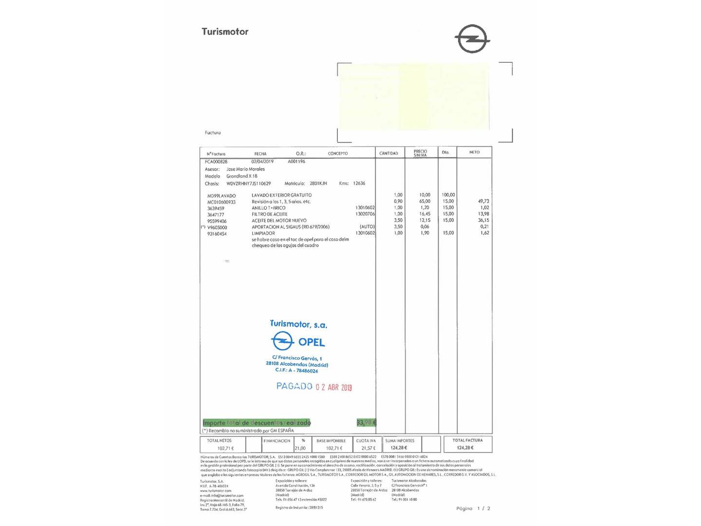 Foto del mantenimiento del Opel Grandland X Opel Grandland X 1.2 Turbo Ultimate  (130 CV)