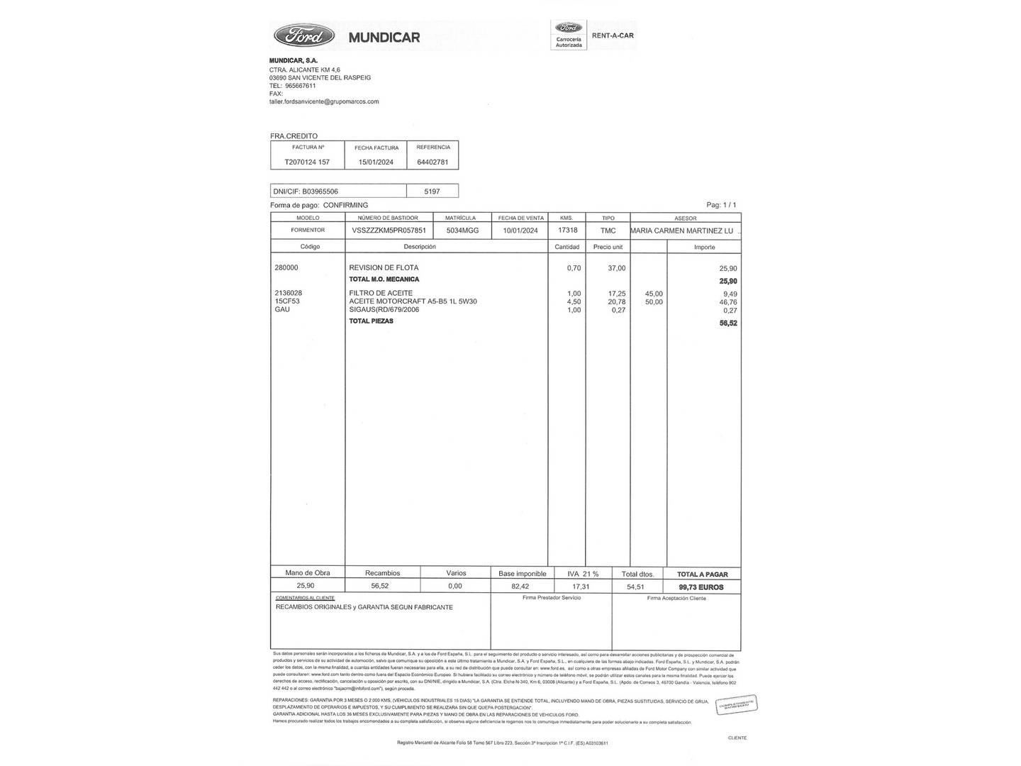 Foto del mantenimiento del Cupra Formentor Cupra Formentor 1.5 TSI DSG (150 CV)
