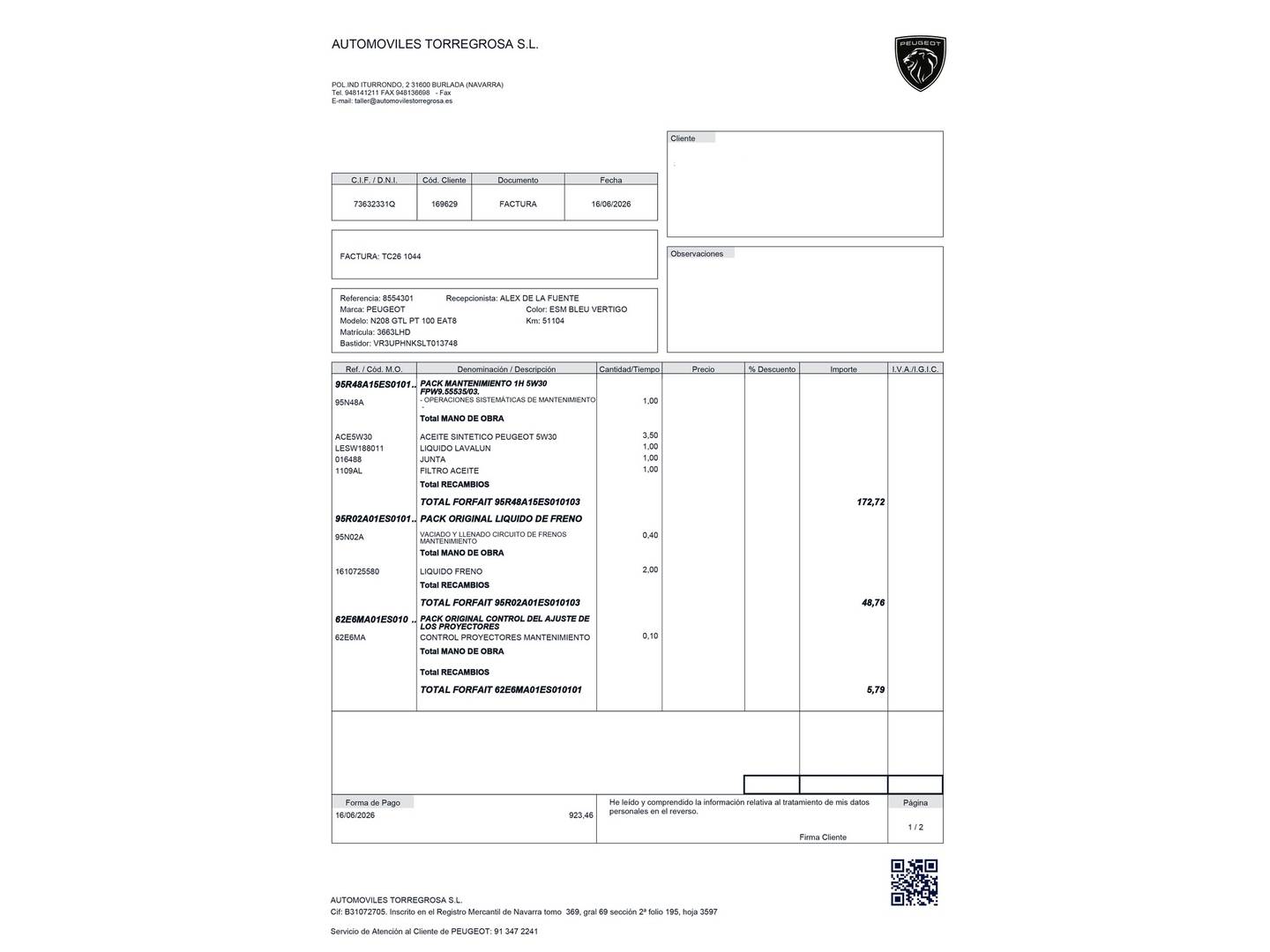 Foto del mantenimiento del Peugeot 208 Peugeot 208 PureTech 100 S&S GT Line EAT8 (100 CV)