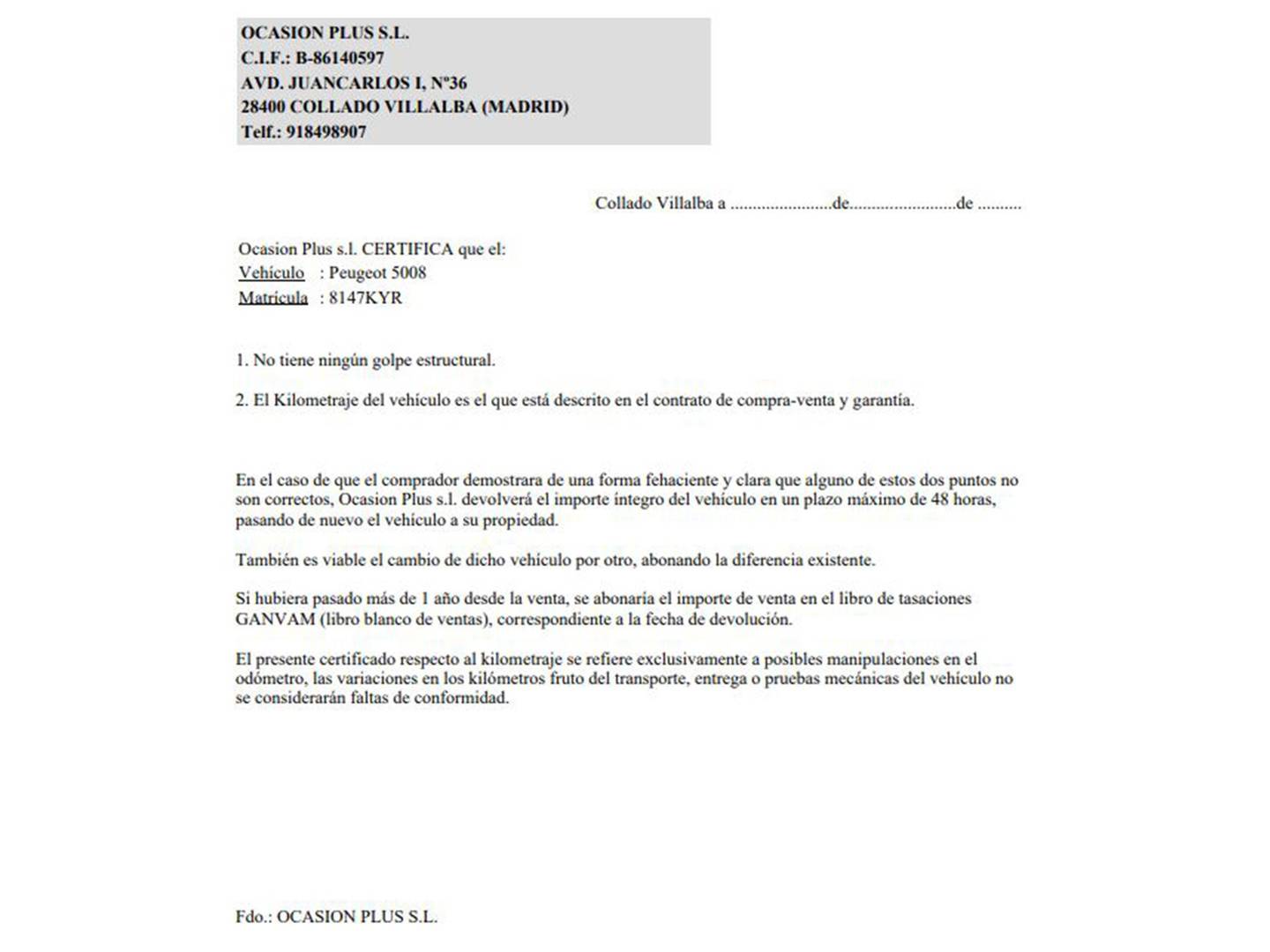Foto del certificado del Peugeot 5008 Peugeot 5008 PureTech 130 S&S Allure (130 CV) 7 Plazas