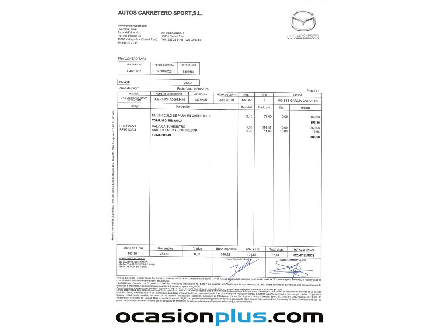 Foto del mantenimiento del Mazda CX-5 Mazda CX-5 2.2 DE Evolution 2WD Auto (150 CV)