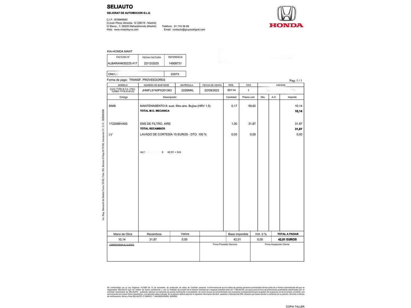 Foto del mantenimiento del Honda Civic Honda Civic 2.0 i-Vtec Type R Edición Especial Pack Carbono (329 CV)