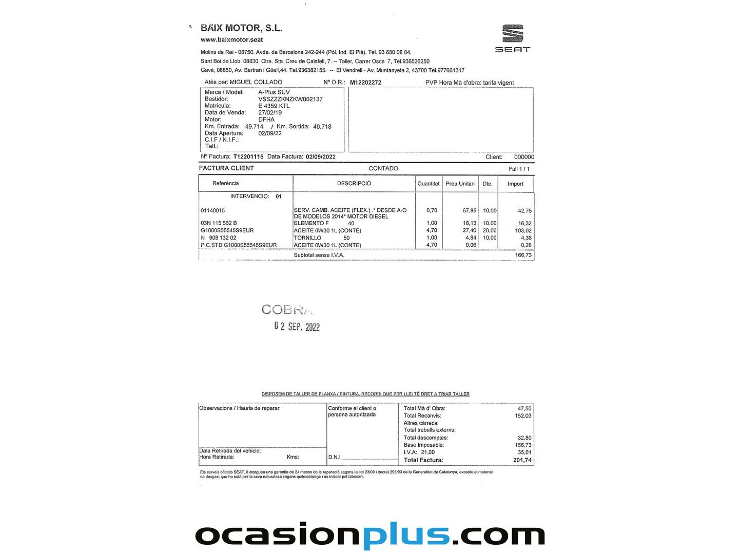 Foto del mantenimiento del Seat Tarraco Seat Tarraco 2.0 TDI S&S Xcellence Plus 4Drive DSG (190 CV) 7 Plazas