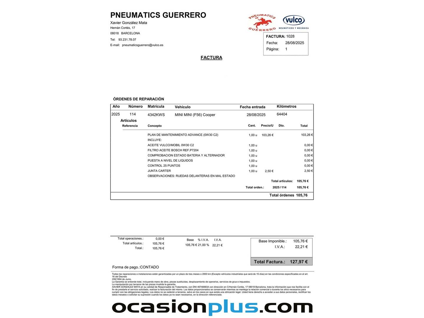 Foto del mantenimiento del Mini MINI MINI MINI Cooper 5 Puertas Cooper 5 Puertas (136 CV)