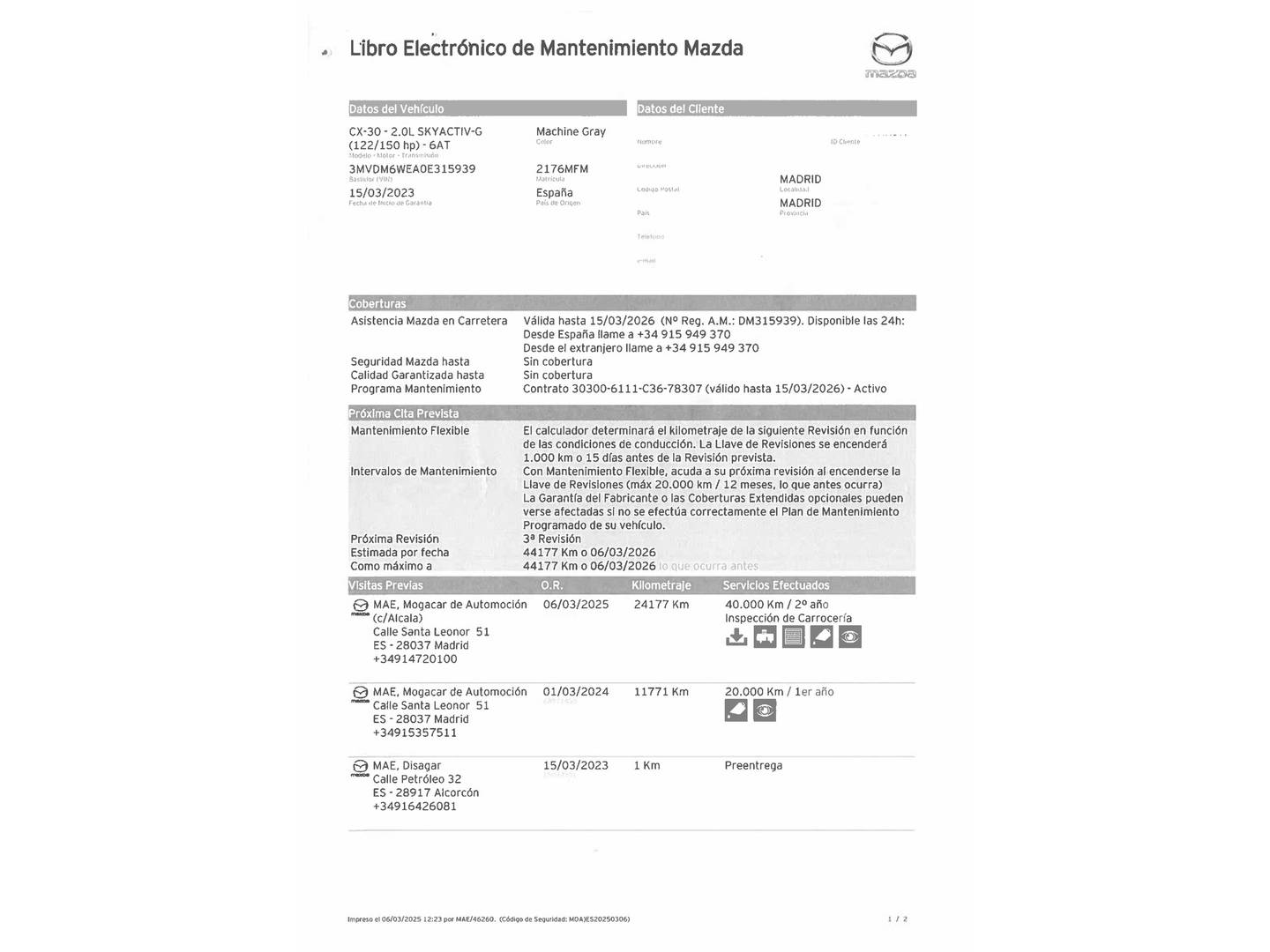 Foto del mantenimiento del Mazda CX-30 Mazda CX-30 2.0 e-Skyactiv-G Zenith (122 CV)