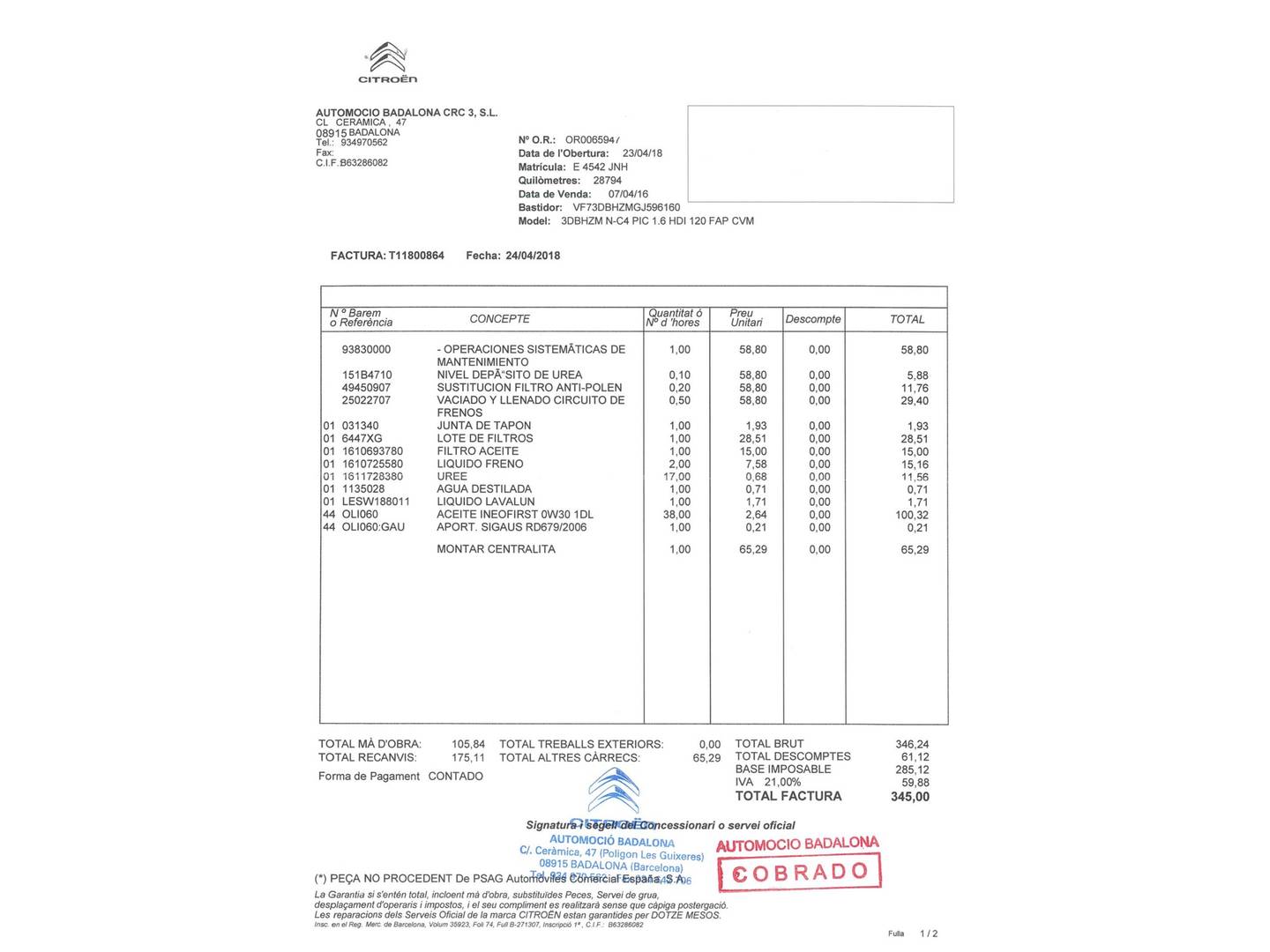 Foto del mantenimiento del Citroën C4 Picasso Citroën C4 Picasso BlueHDi 120 Feel (120 CV)