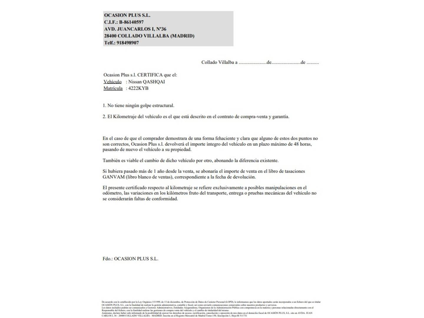 Foto del certificado del Nissan QASHQAI Nissan Qashqai DIG-T 140 N-Motion 4x2 (140 CV)