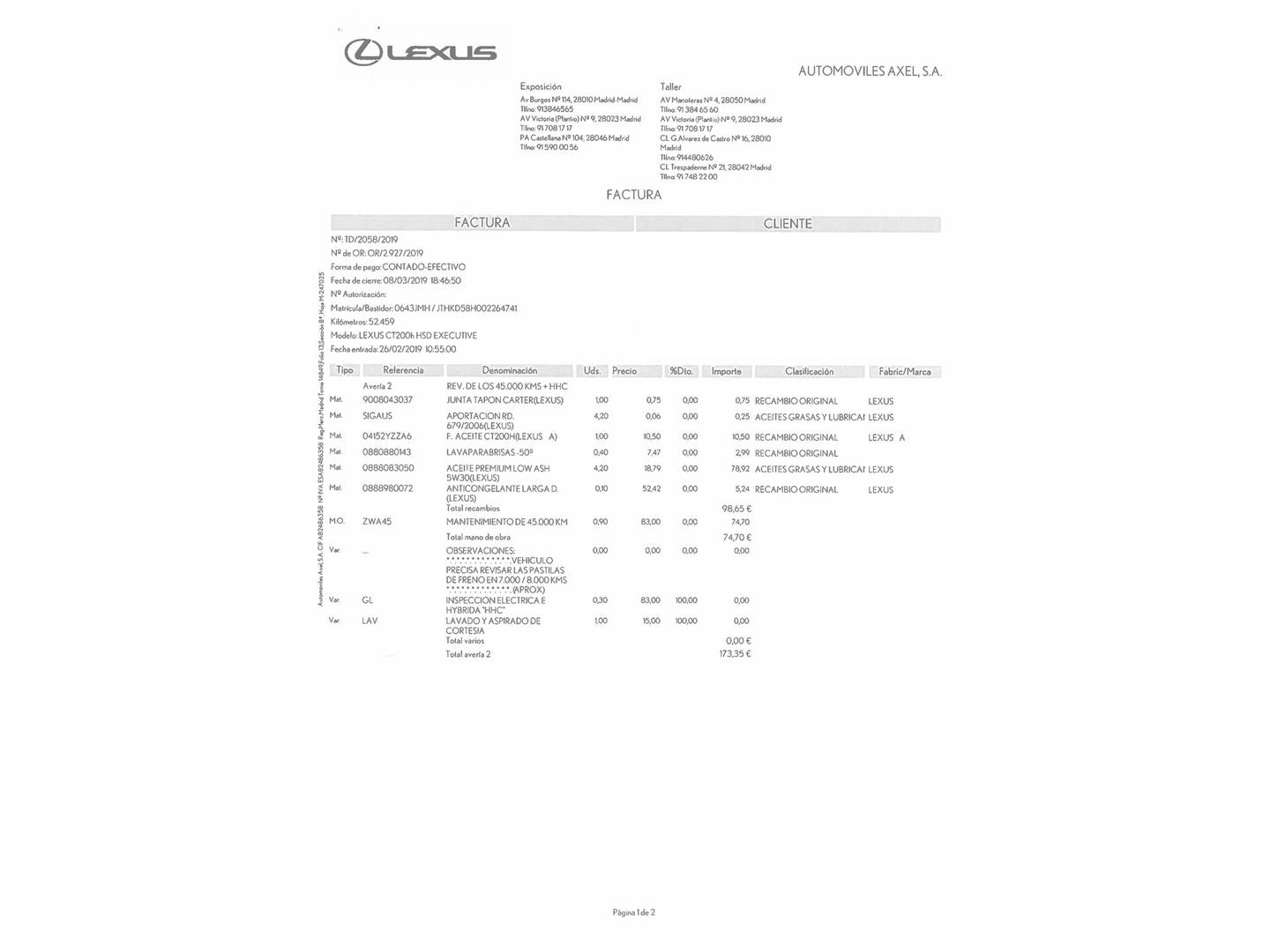 Foto del mantenimiento del Lexus CT Lexus CT 200h Executive 100 kW (136 CV)