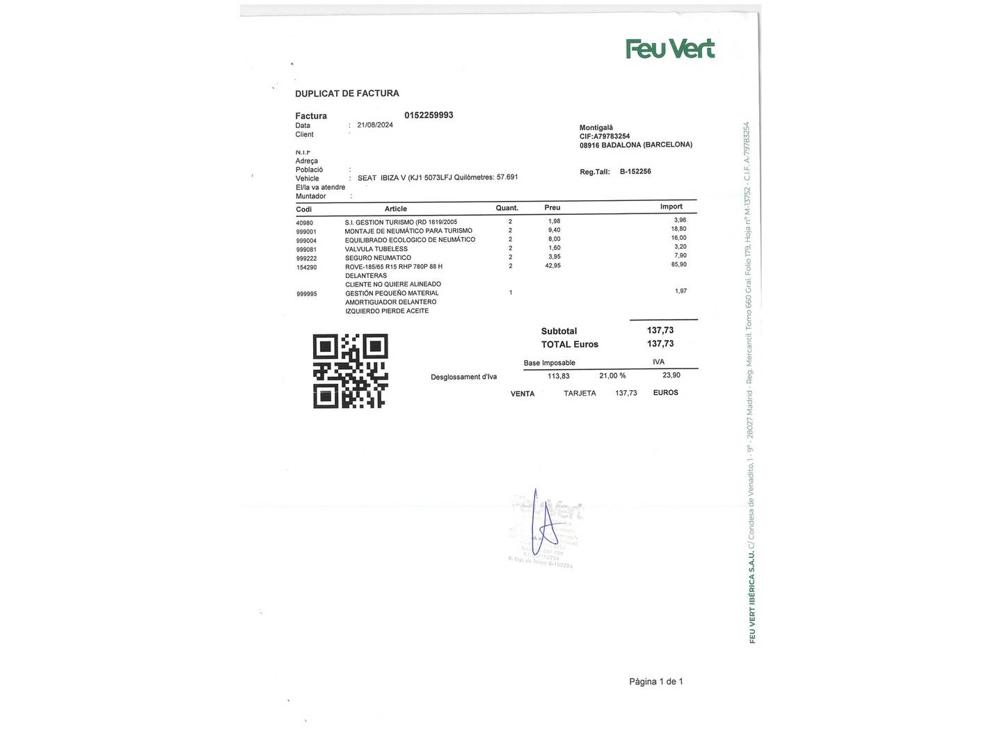 Foto del mantenimiento del Seat Ibiza Seat Ibiza 1.0 MPI S&S Reference Plus (80 CV)