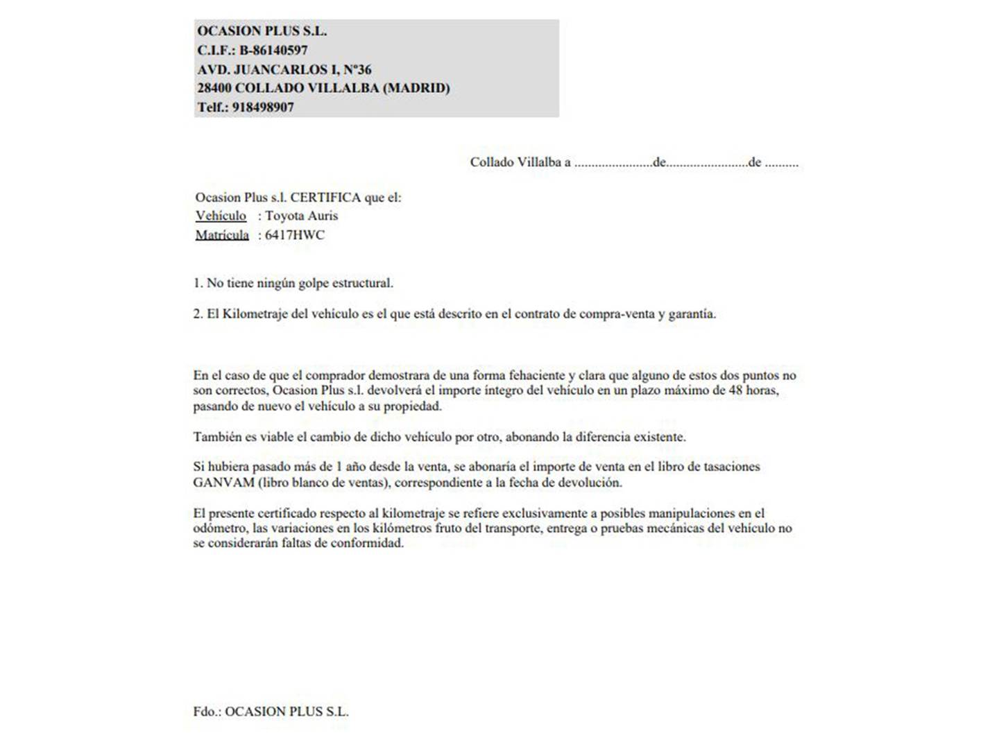 Foto del certificado del Toyota Auris Toyota Auris 120D Active (124 CV)