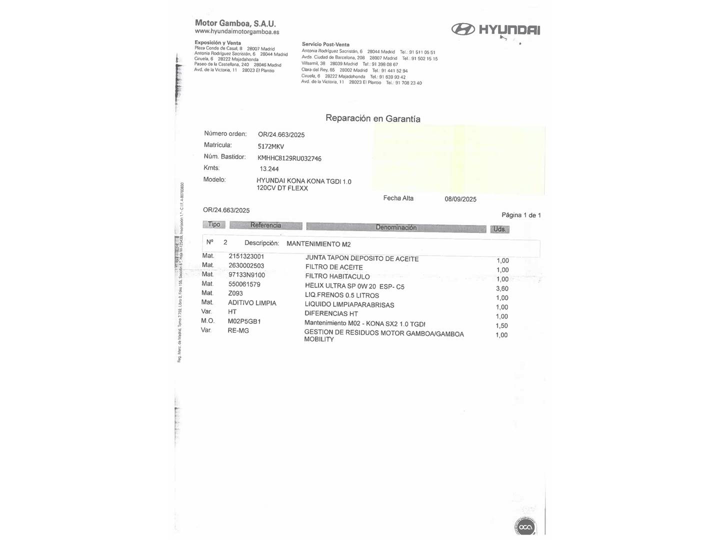 Foto del mantenimiento del Hyundai Kona Hyundai Kona 1.0 TGDi Flexx DCT (120 CV)