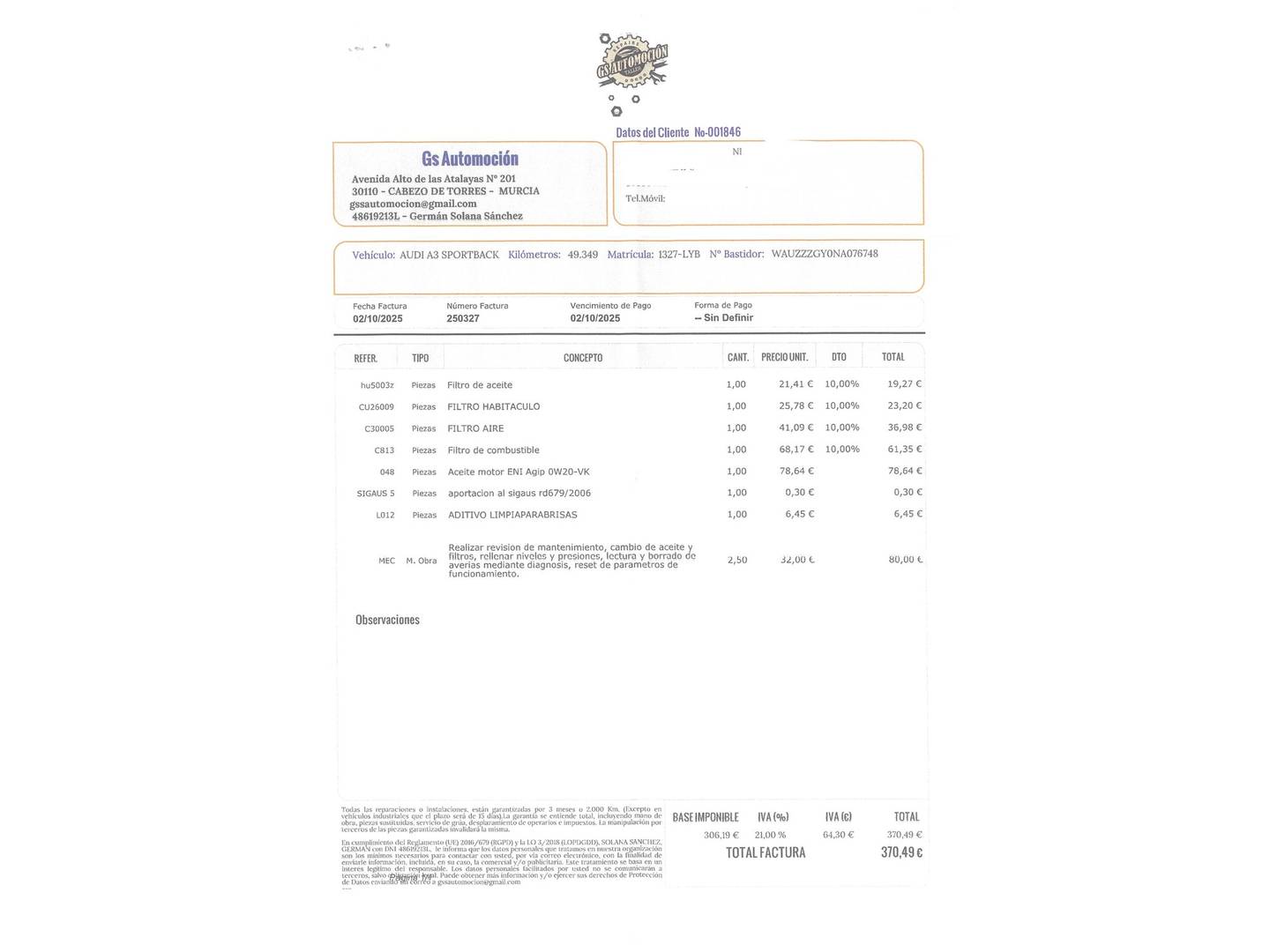Foto del mantenimiento del Audi A3 Audi A3 Sportback Advanced 30 TDI (116 CV)