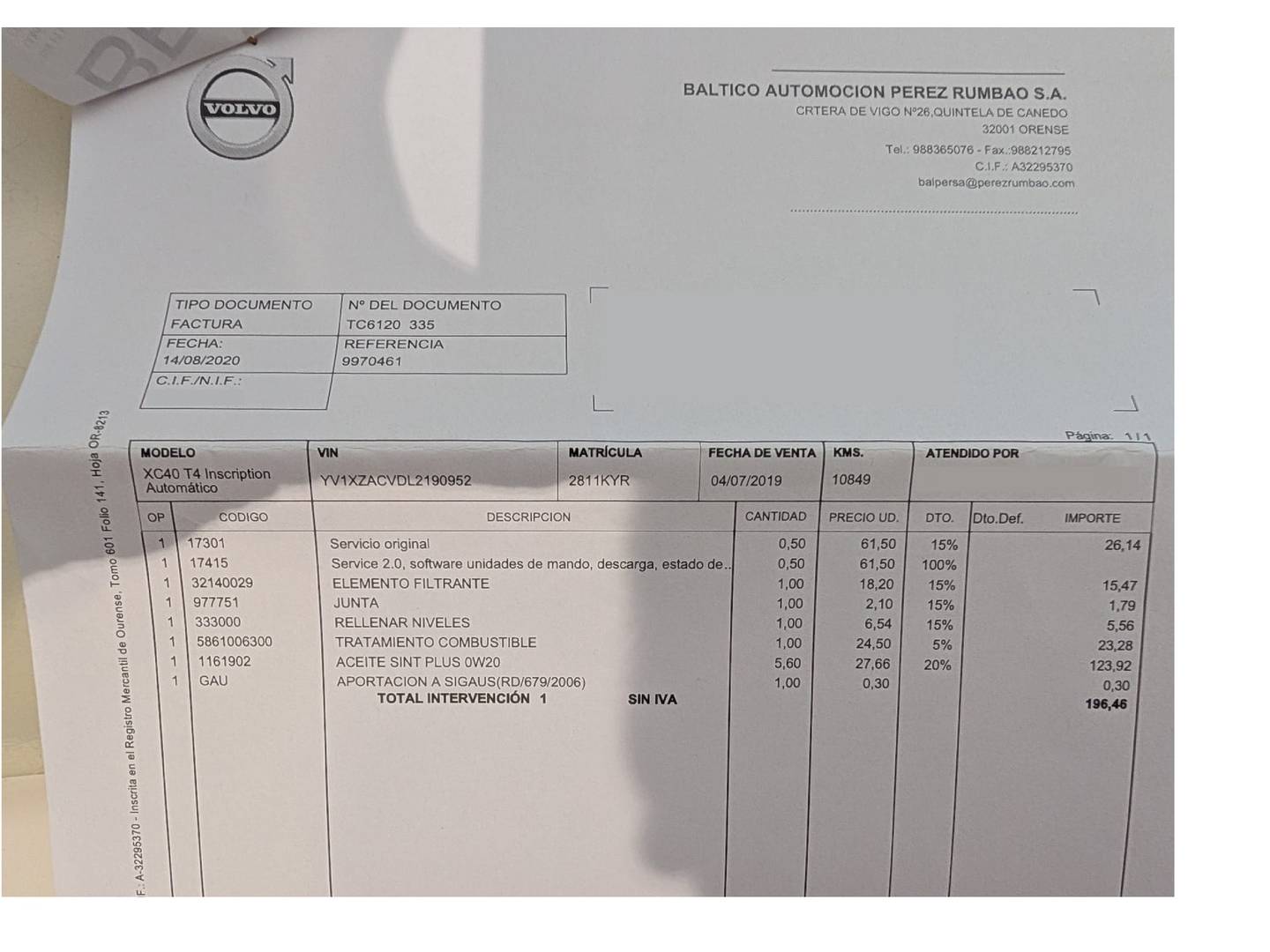 Foto del mantenimiento del Volvo XC40 Volvo XC40 T4 Inscription Auto (190 CV)