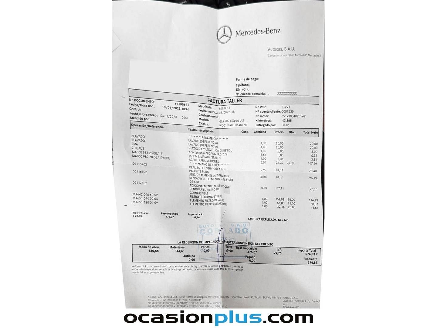 Foto del mantenimiento del Mercedes GLA Mercedes GLA 200 d (136 CV) Pack AMG