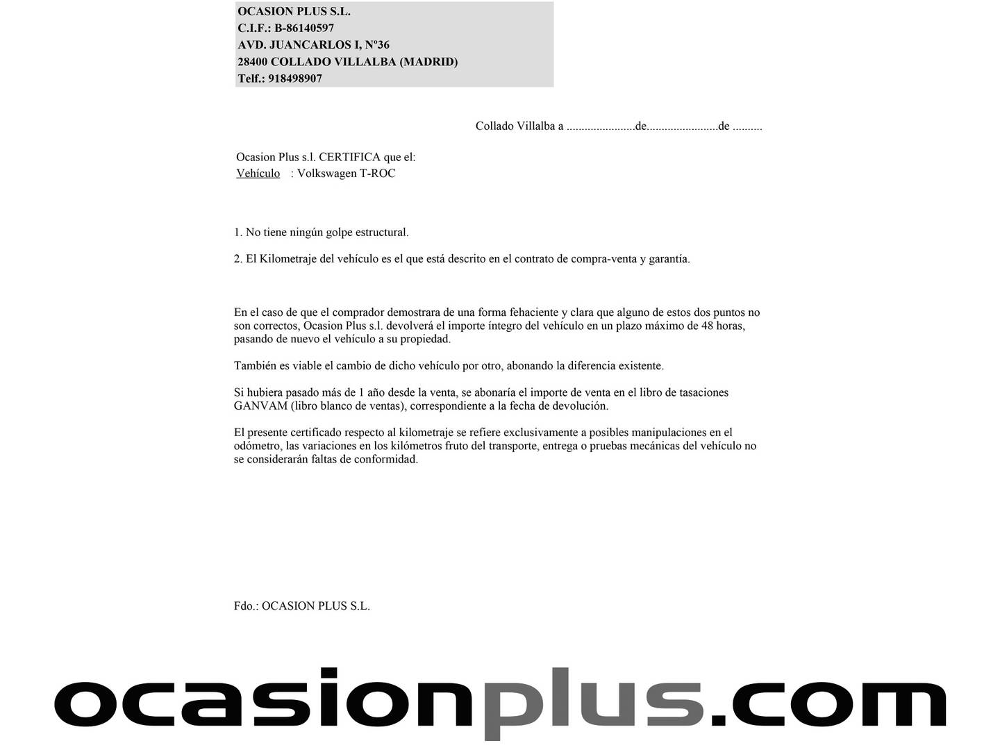 Foto del certificado del Volkswagen T-Roc Volkswagen T-Roc Life 1.0 TSI (110 CV)