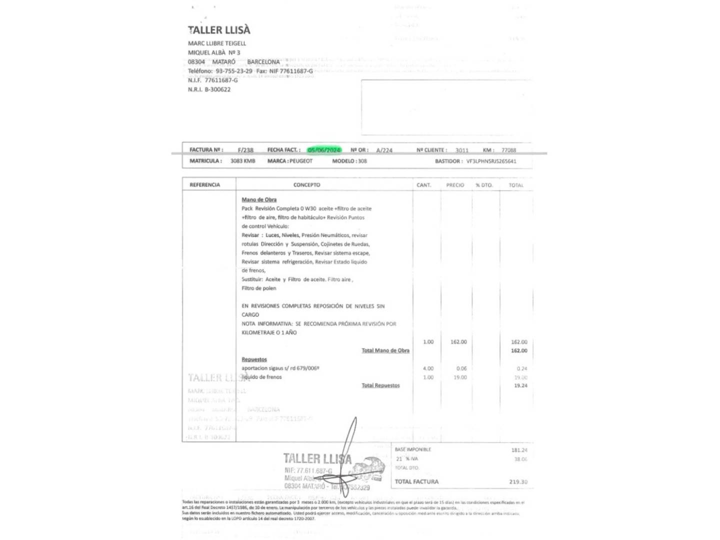 Foto del mantenimiento del Peugeot 308 Peugeot 308 PureTech 130 S&S Style EAT8 (130 CV)