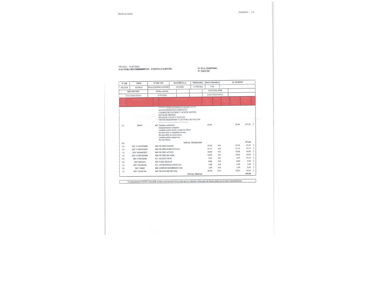 Foto del mantenimiento del Audi A3 Audi A3 Sportback Attraction 1.6 TDI (105 CV) S tronic