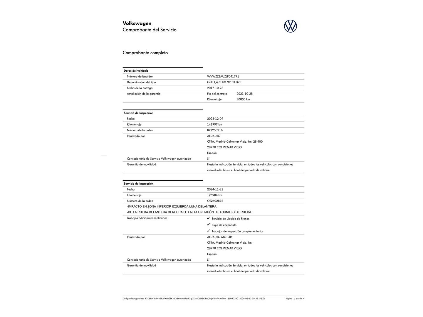 Foto del mantenimiento del Volkswagen Golf Volkswagen Golf Advance 1.4 TSI (125 CV) DSG