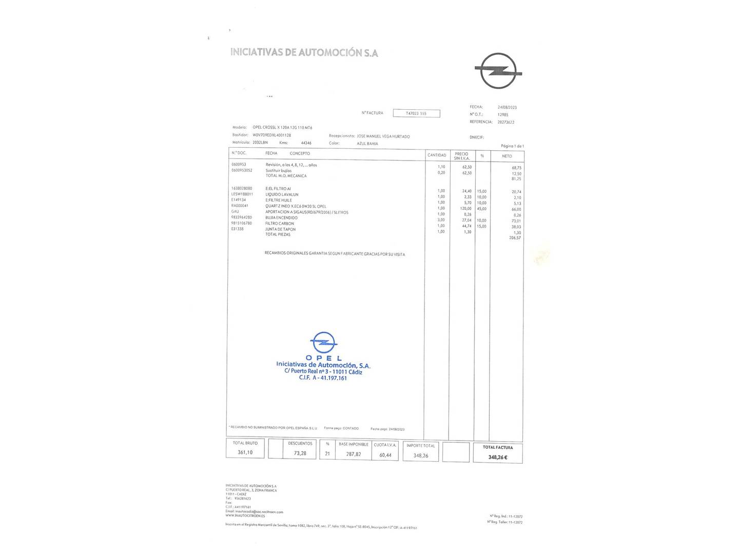 Foto del mantenimiento del Opel Crossland X Opel Crossland X 1.2 Design Line 120 Aniversario (110 CV)