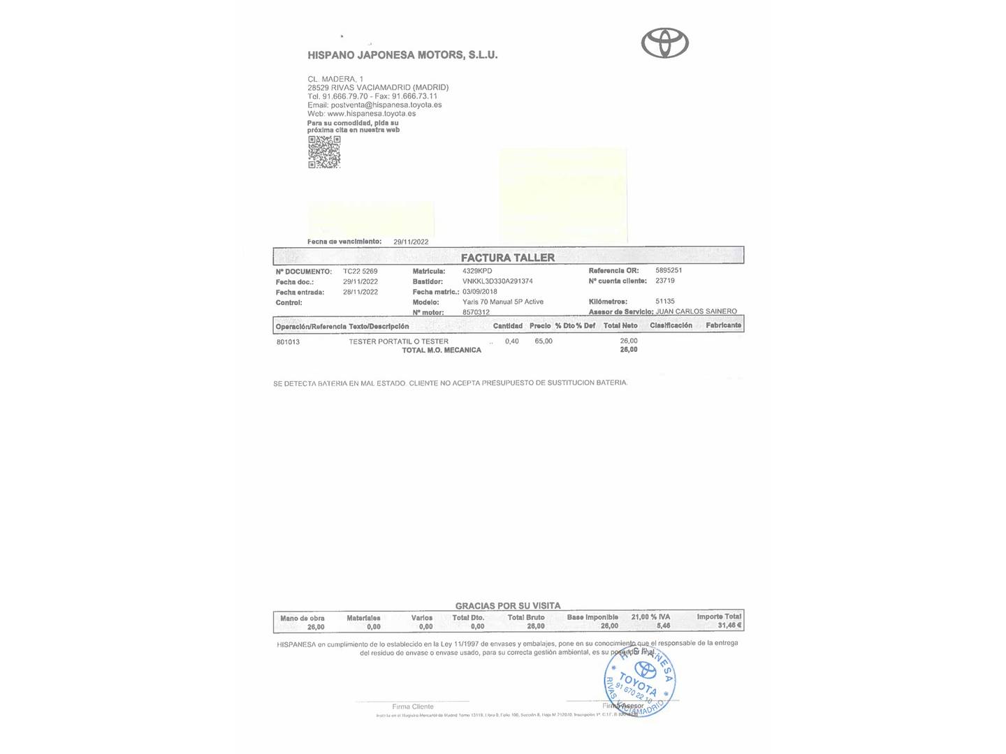 Foto del mantenimiento del Toyota Yaris Toyota Yaris 70 Active (69 CV)