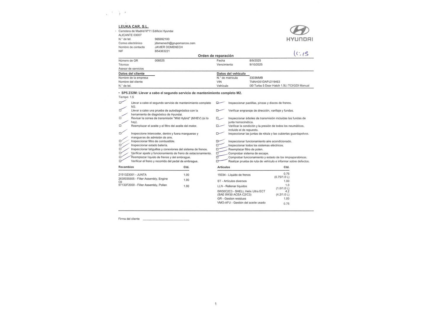 Foto del mantenimiento del Hyundai i30 Hyundai i30 1.5 TGDI 48V N-Line (160 CV)