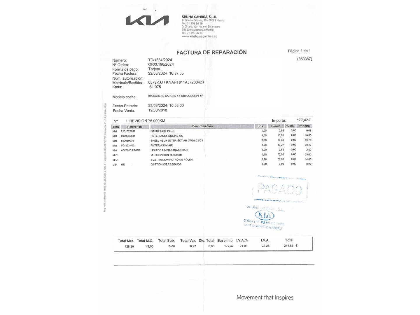 Foto del mantenimiento del KIA Carens KIA Carens 1.6 GDi Concept (135 CV)