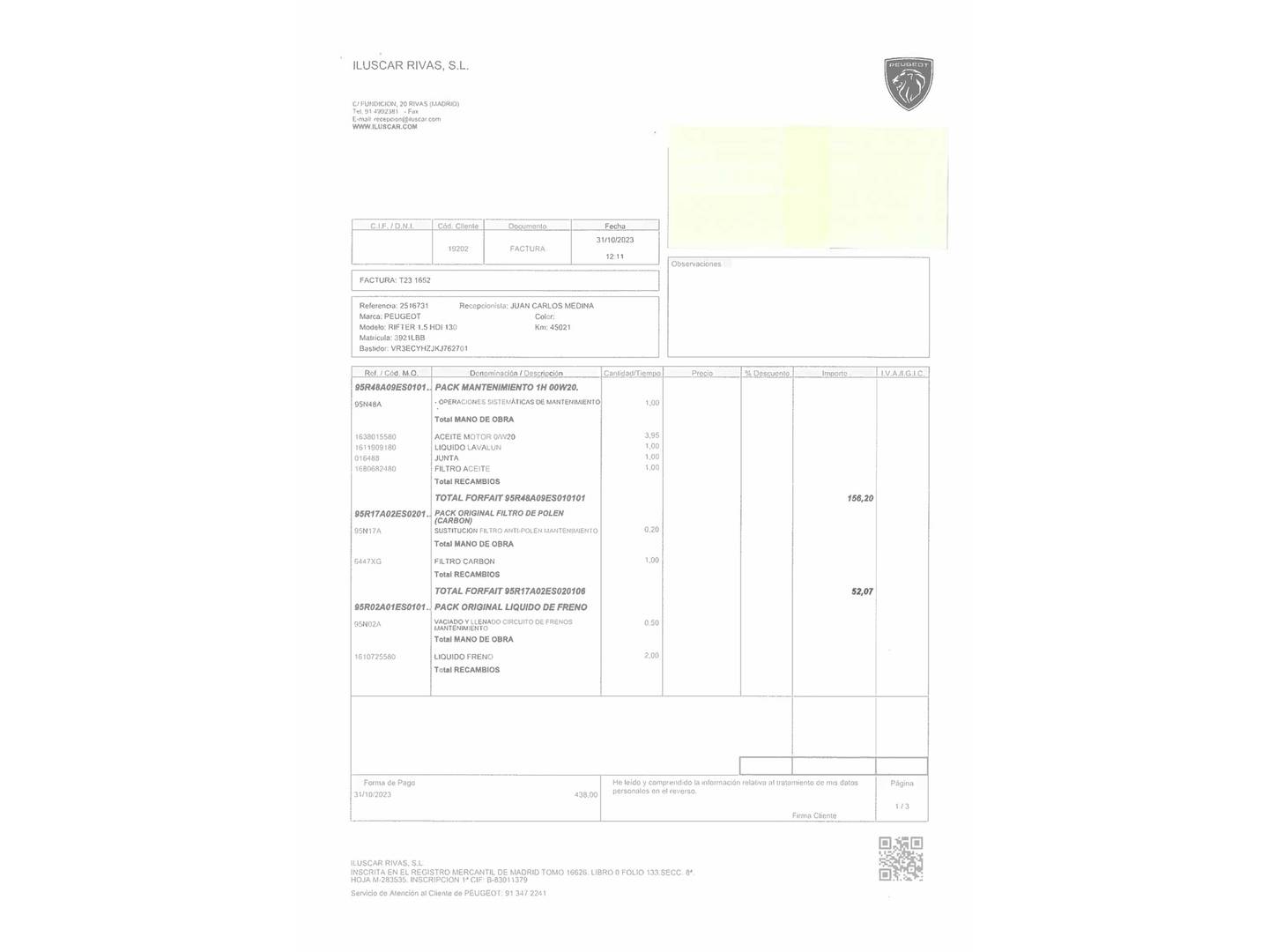 Foto del mantenimiento del Peugeot Rifter Peugeot Rifter BlueHDi 130 S&S Allure Standard (130 CV)