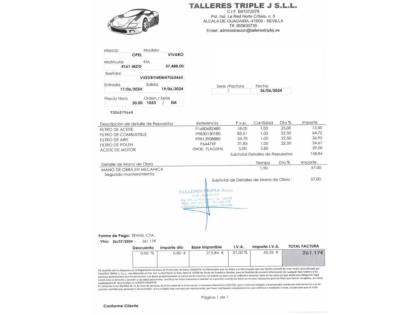 Foto del mantenimiento del Opel Vivaro Opel Vivaro 1.5 Diésel L Incrementada Select  (102 CV)