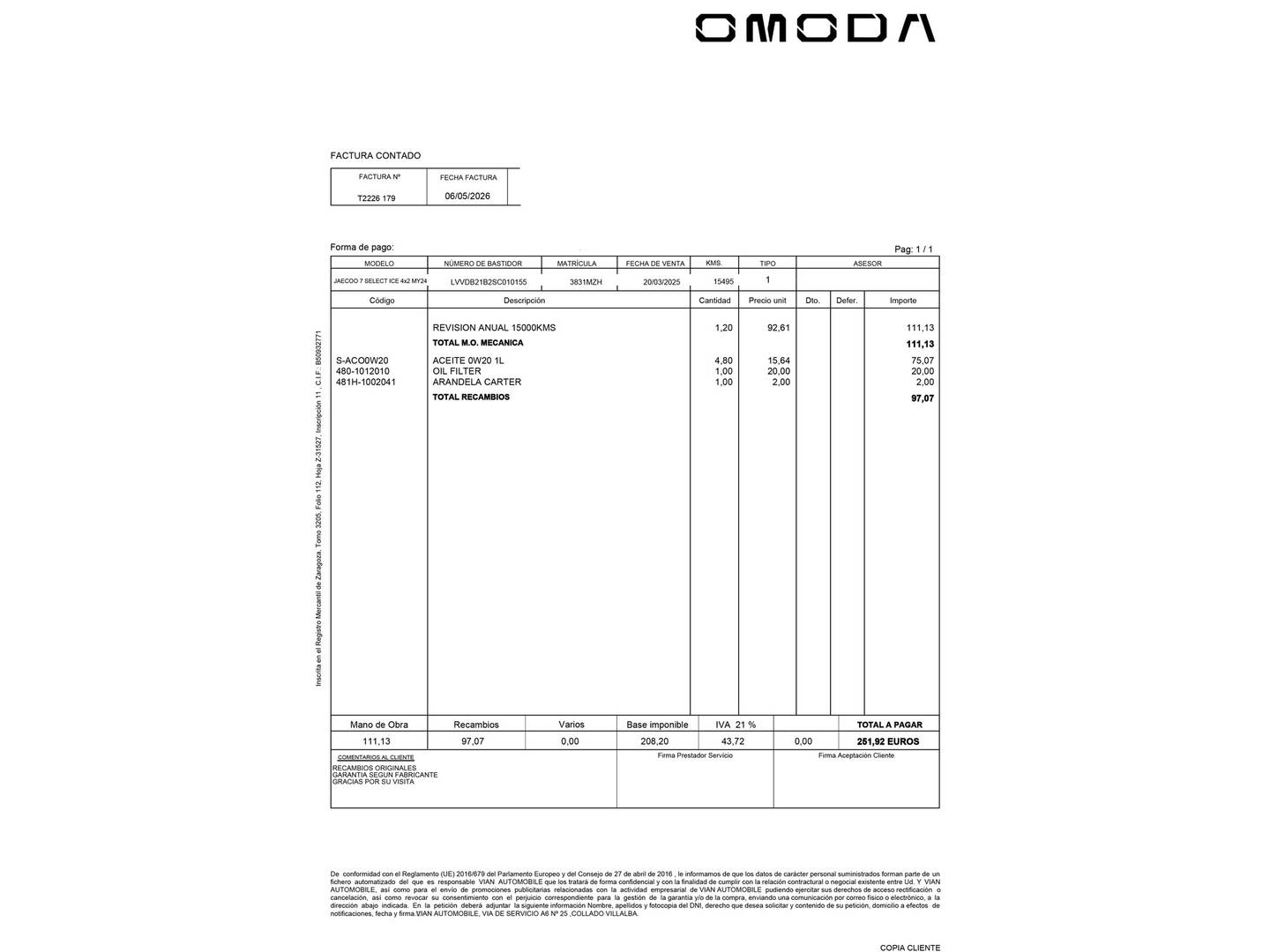Foto del mantenimiento del JAECOO 7 JAECOO 7 1.6 TGDI Select FWD (145 CV)