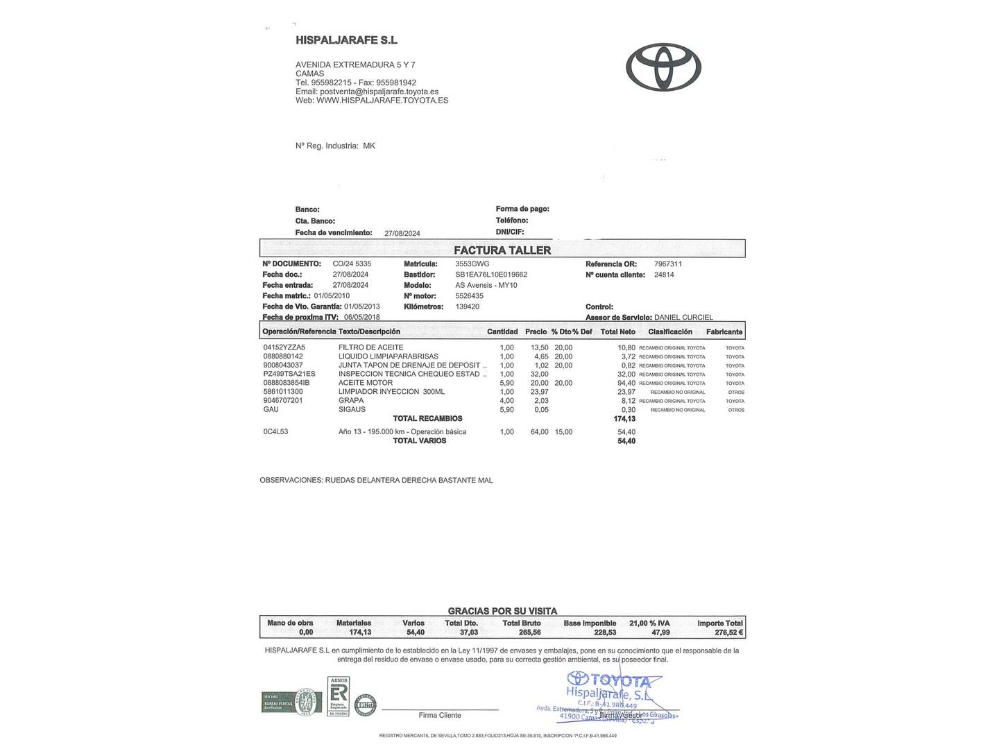Foto del mantenimiento del Toyota Avensis Toyota Avensis 2.2 D-4D Cross Sport Advance (150 CV)