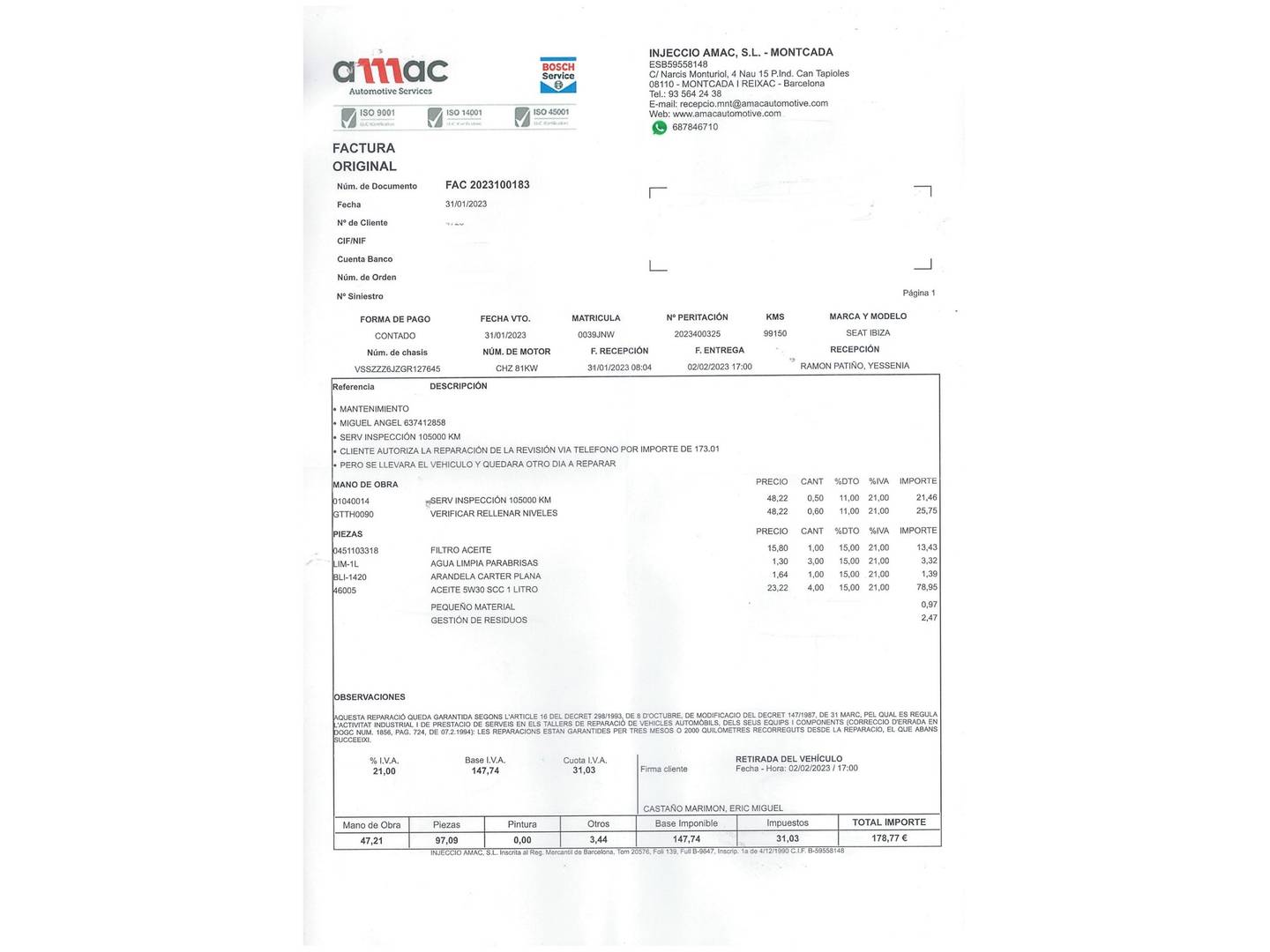 Foto del mantenimiento del Seat Ibiza Seat Ibiza 1.0 EcoTSI Style Connect (110 CV)