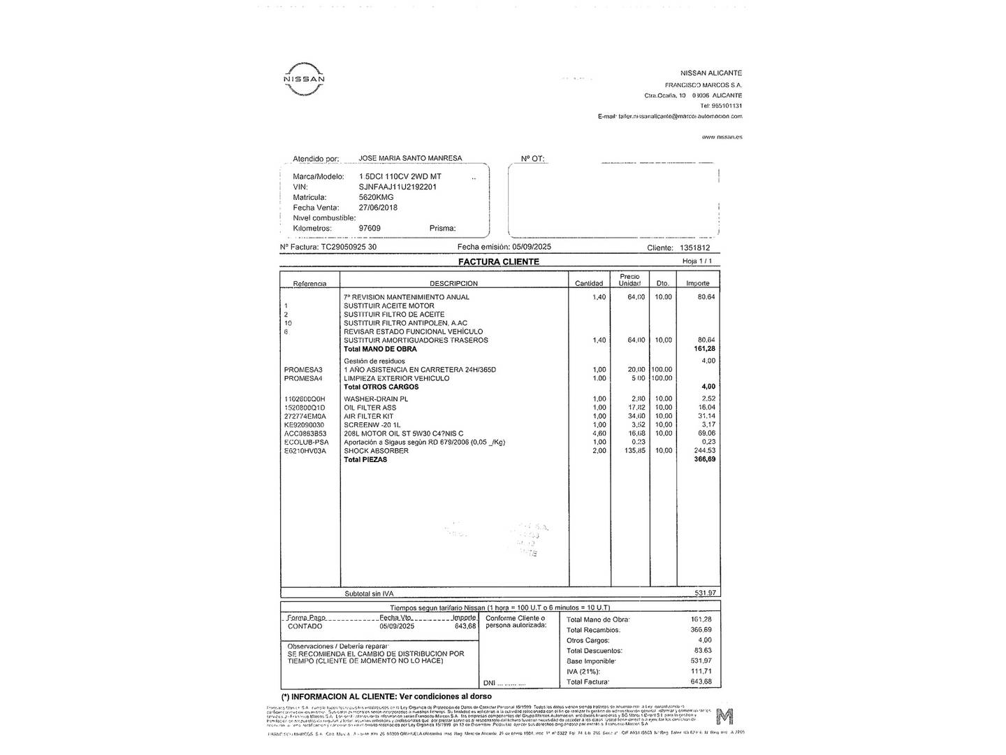 Foto del mantenimiento del Nissan QASHQAI Nissan Qashqai dCi 110 N-Connecta 4x2 (110 CV)