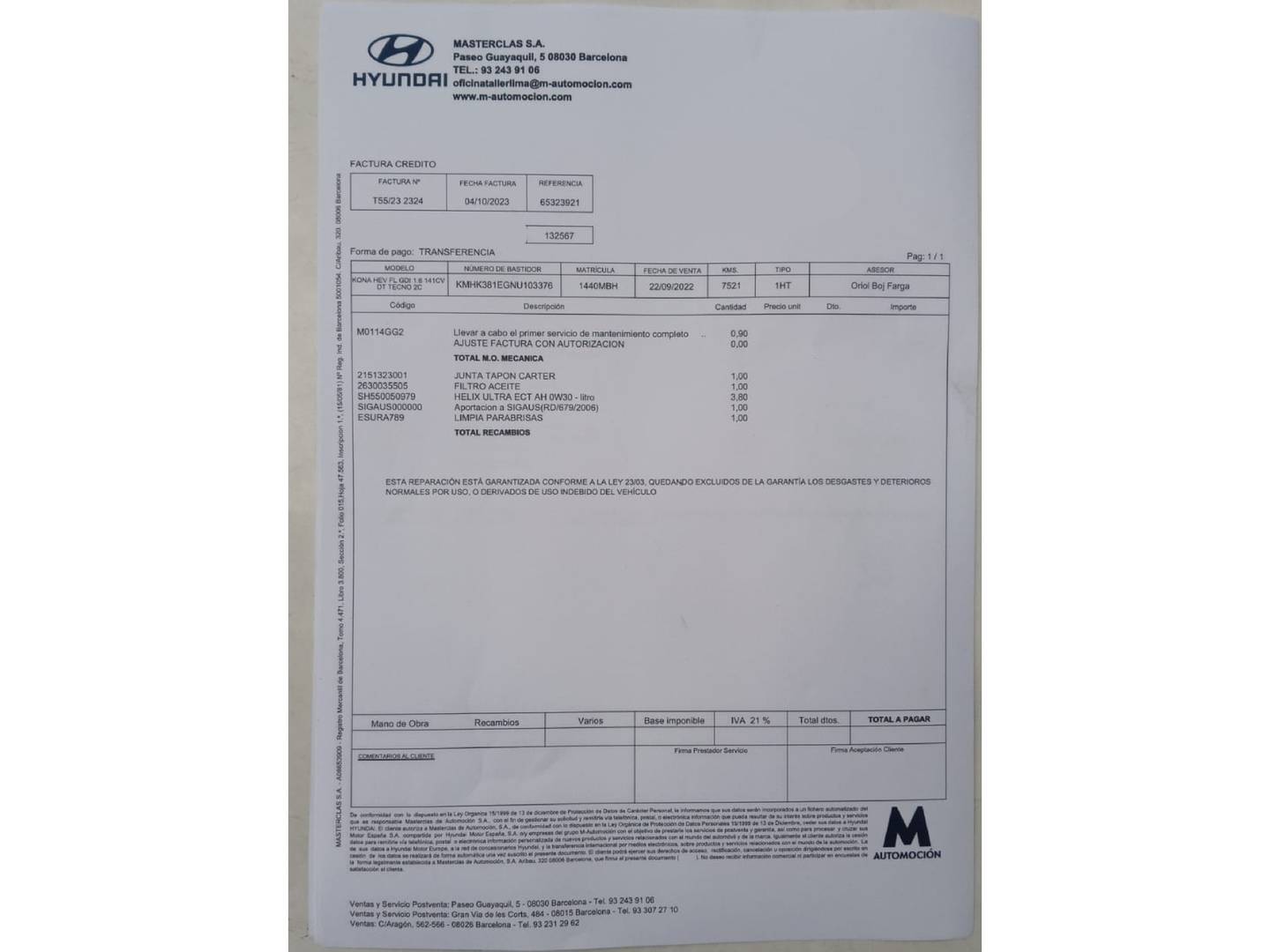 Foto del mantenimiento del Hyundai Kona Hyundai Kona 1.6 GDI HEV Tecno 2C DCT (141 CV)