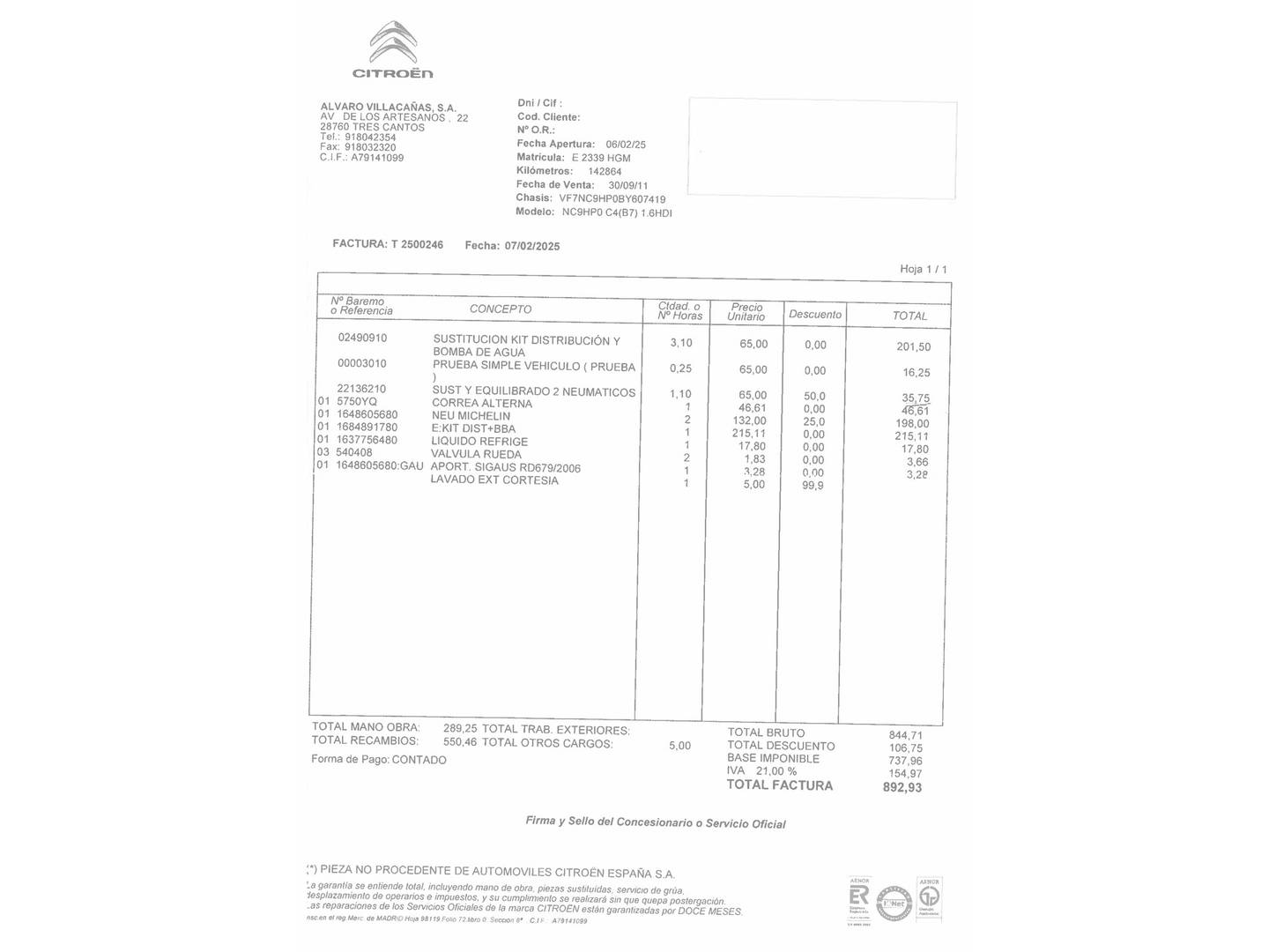 Foto del mantenimiento del Citroën C4 Citroën C4 1.6 HDI Seduction (92 CV)