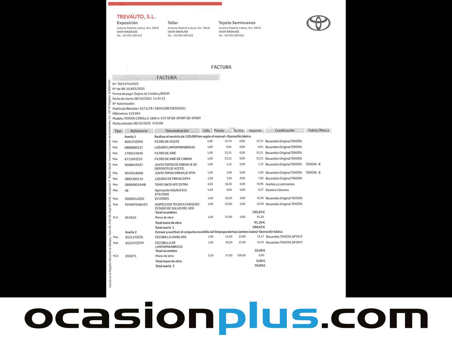 Foto del mantenimiento del Toyota Corolla Toyota Corolla 180H GR-SPORT E-CVT (180 CV)