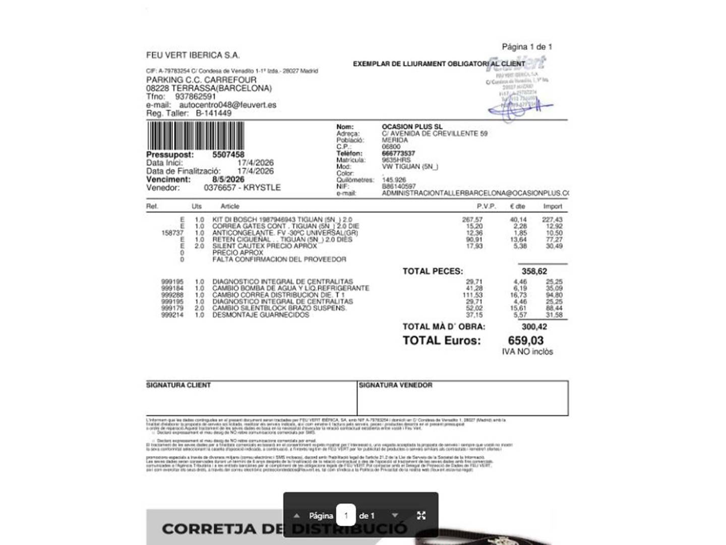 Foto del mantenimiento del Volkswagen Tiguan Volkswagen Tiguan Sport 2.0 TDI BMT 4Motion (177 CV)