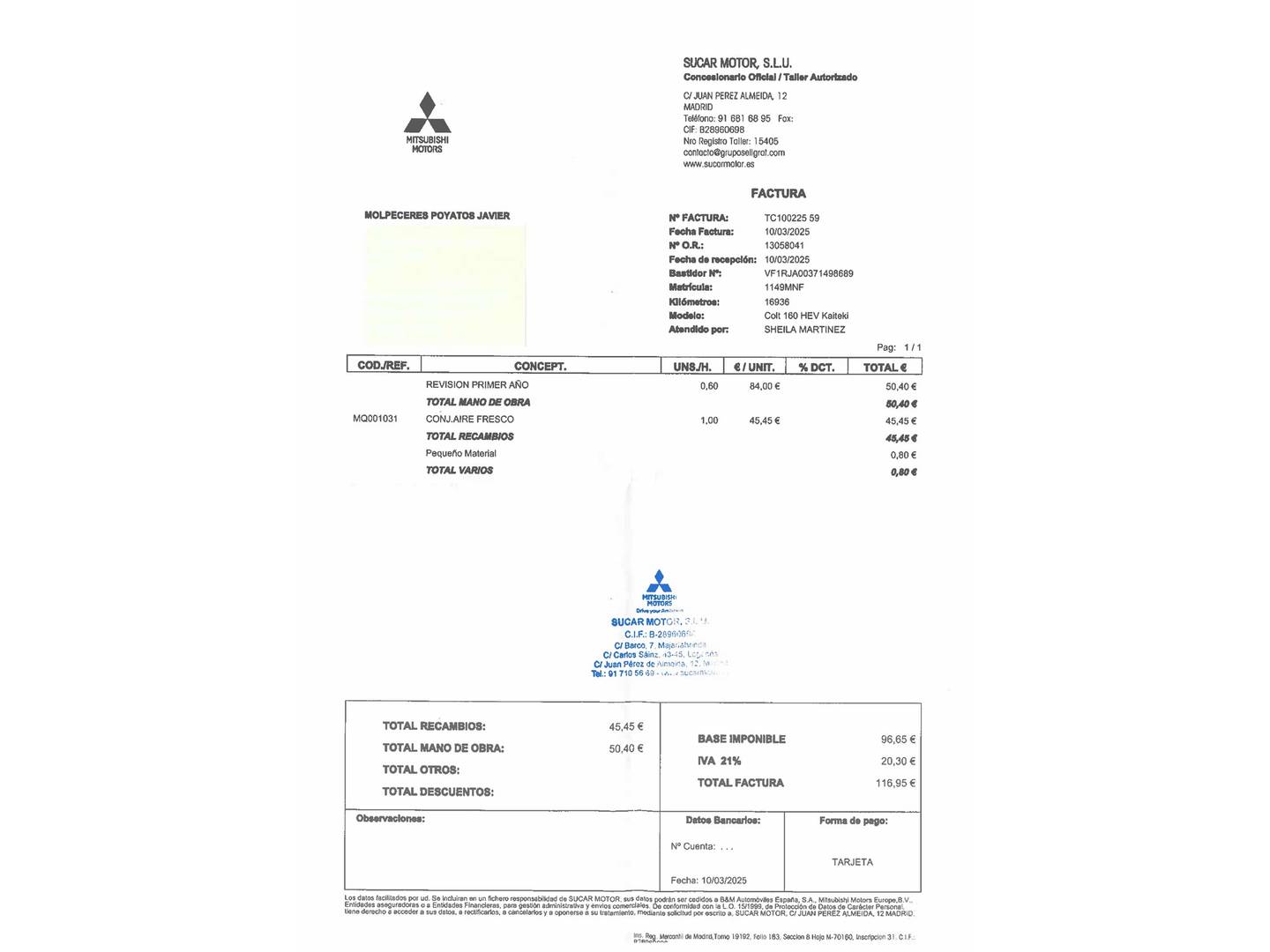 Foto del mantenimiento del Mitsubishi Colt Mitsubishi Colt 160 HEV Kaiteki (143 CV)