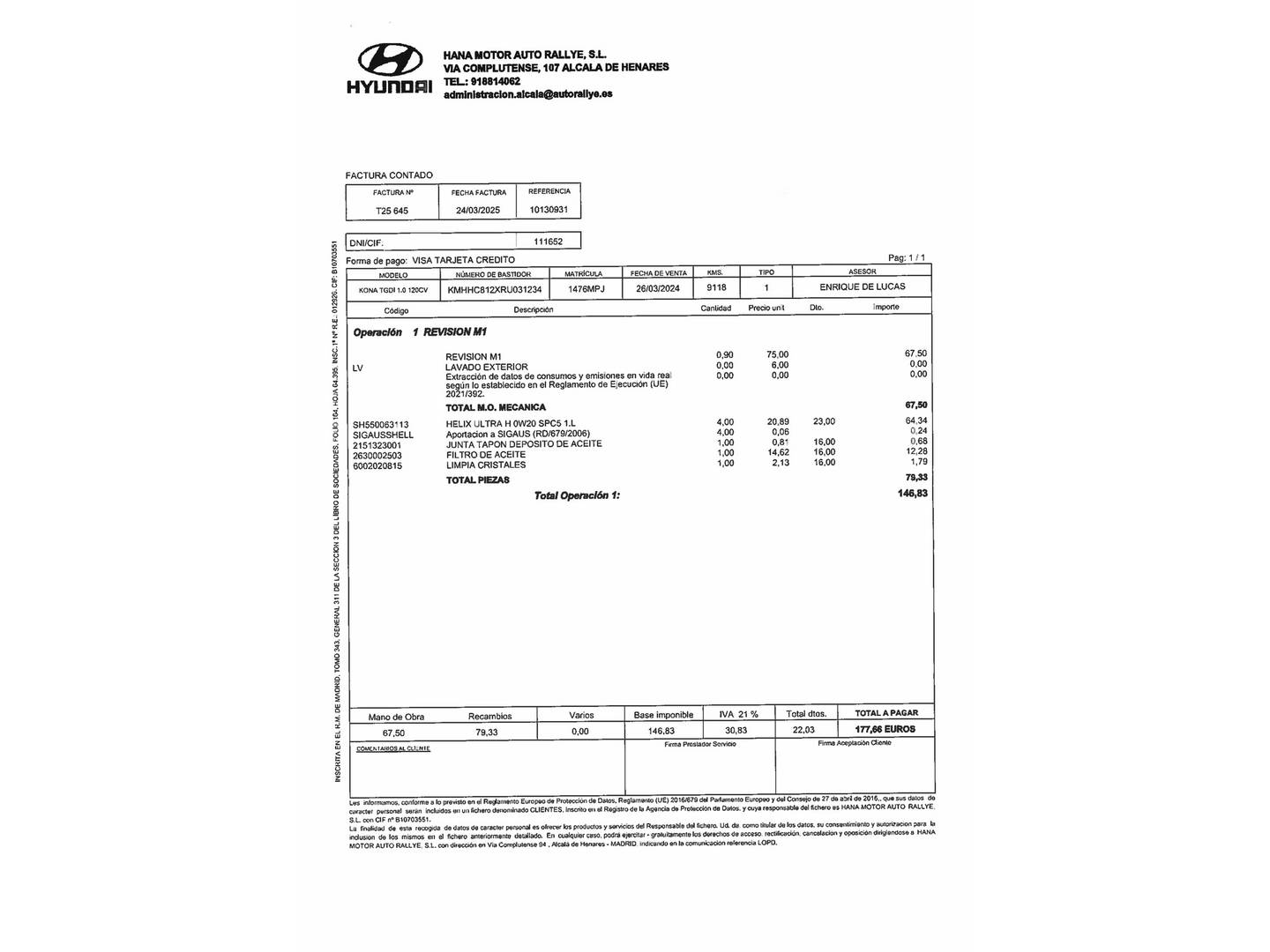 Foto del mantenimiento del Hyundai Kona Hyundai Kona 1.0 TGDi Flexx (120 CV)